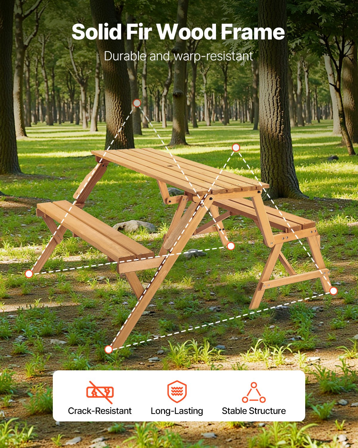 VEVOR 2-in-1 Transforming Interchangeable Picnic Table, Outdoor Wooden Table and Bench Set, Portable Foldable Bench with Umbrella Hole, Patio Dining Furniture for Garden, Backyard, Porch (Brown)