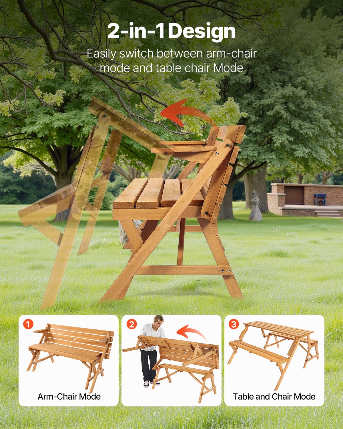 VEVOR 2-in-1 Transforming Interchangeable Picnic Table, Outdoor Wooden Table and Bench Set, Portable Foldable Bench with Umbrella Hole, Patio Dining Furniture for Garden, Backyard, Porch (Brown)