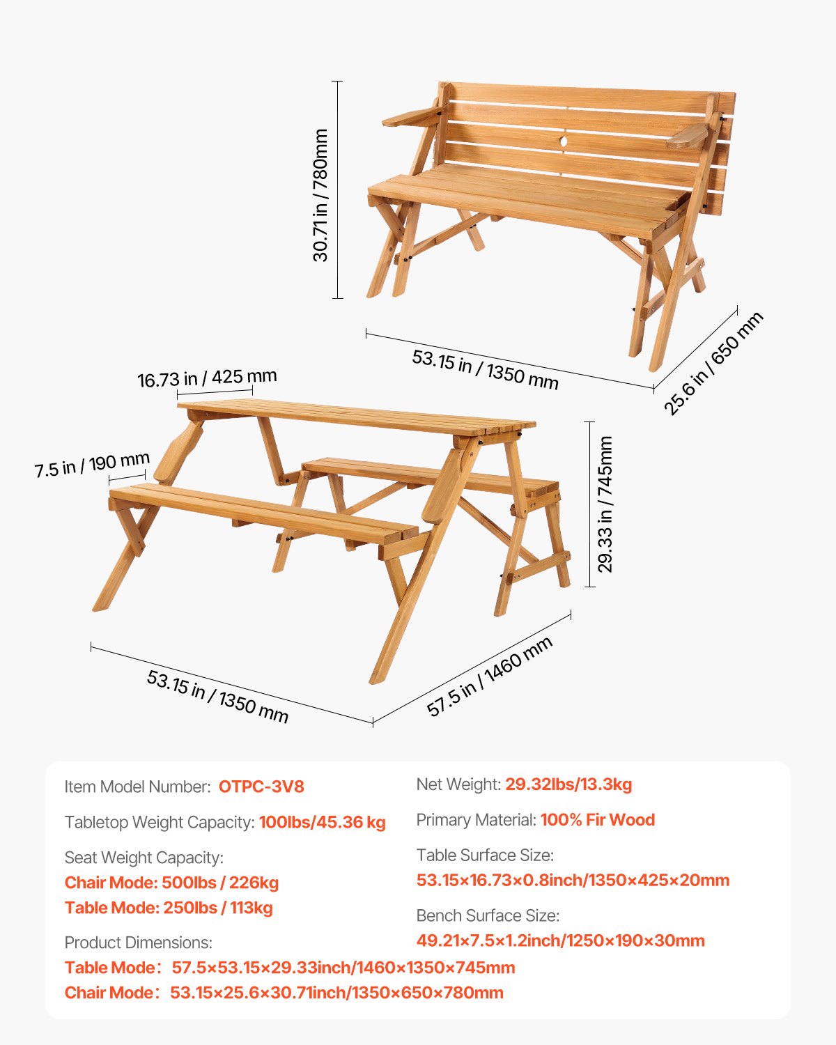 VEVOR 2-in-1 Transforming Interchangeable Picnic Table, Outdoor Wooden Table and Bench Set, Portable Foldable Bench with Umbrella Hole, Patio Dining Furniture for Garden, Backyard, Porch (Brown)