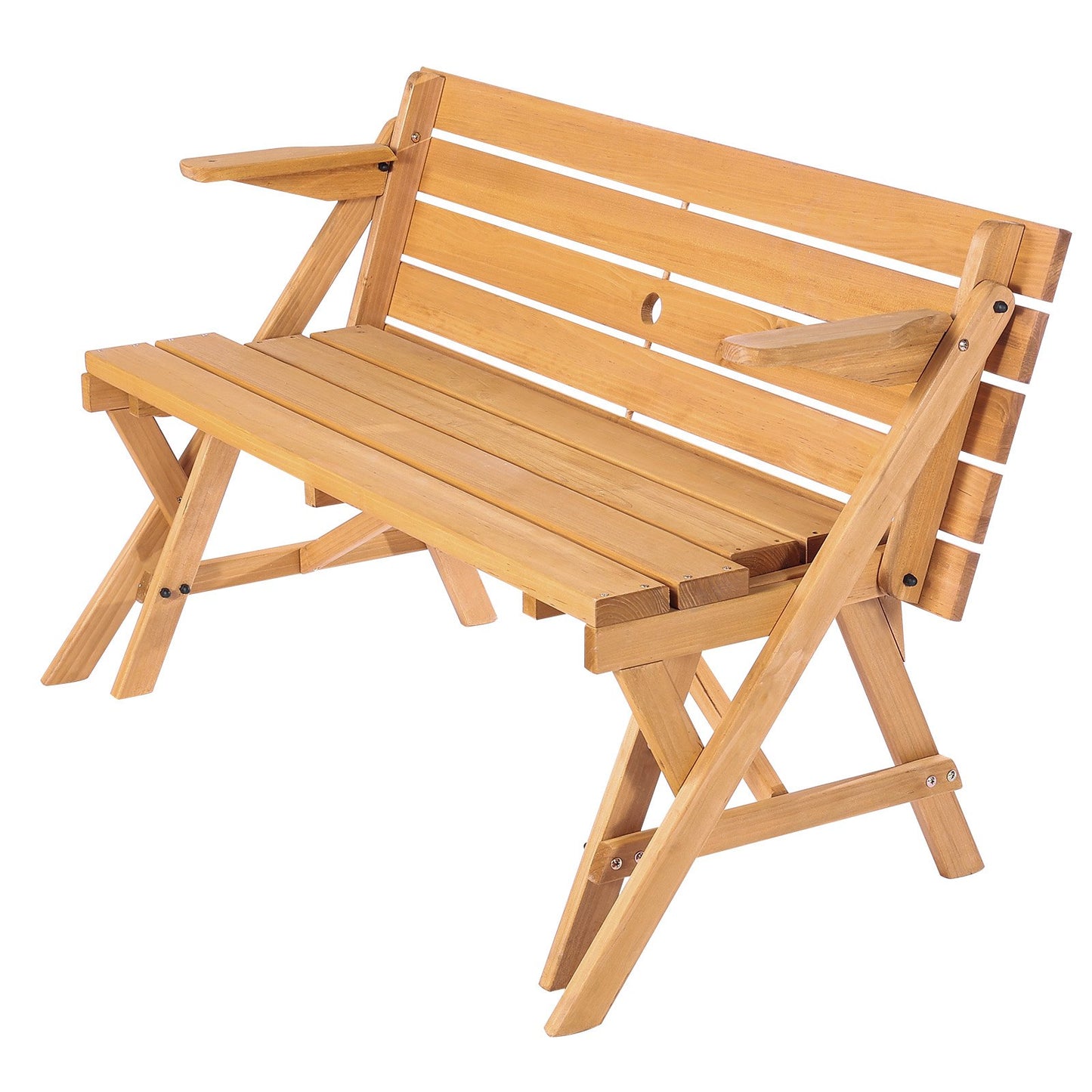 VEVOR 2-in-1 Transforming Interchangeable Picnic Table, Outdoor Wooden Table and Bench Set, Portable Foldable Bench with Umbrella Hole, Patio Dining Furniture for Garden, Backyard, Porch (Brown)