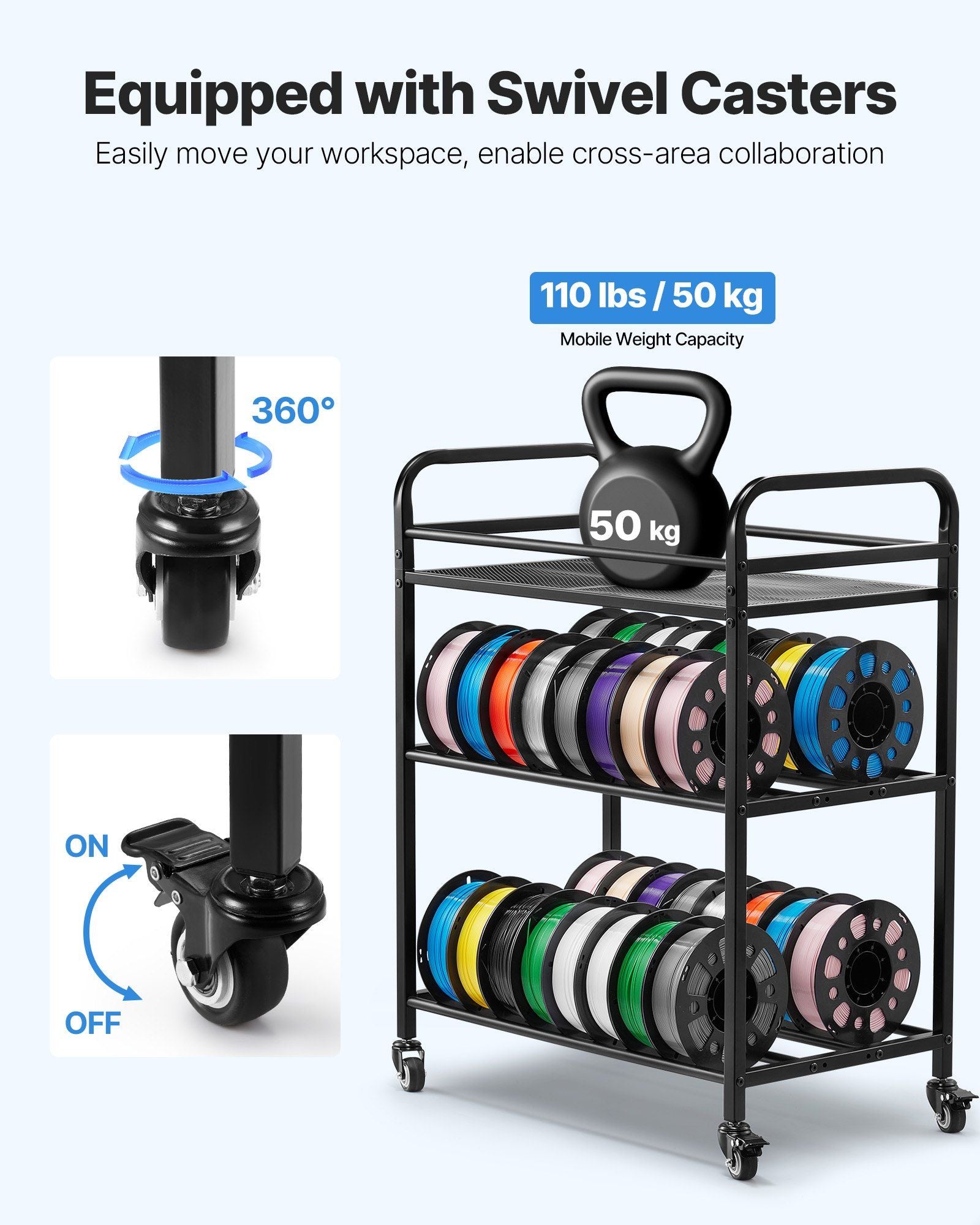 3D Printer Filament Storage Rack, 3 Tier Heavy Duty Storage Shelf, Rolling Filament Spool Holders Racks with Wheels, Filaments Organzied for 3D Printing Station, Office, Workshop (Shelf Only)