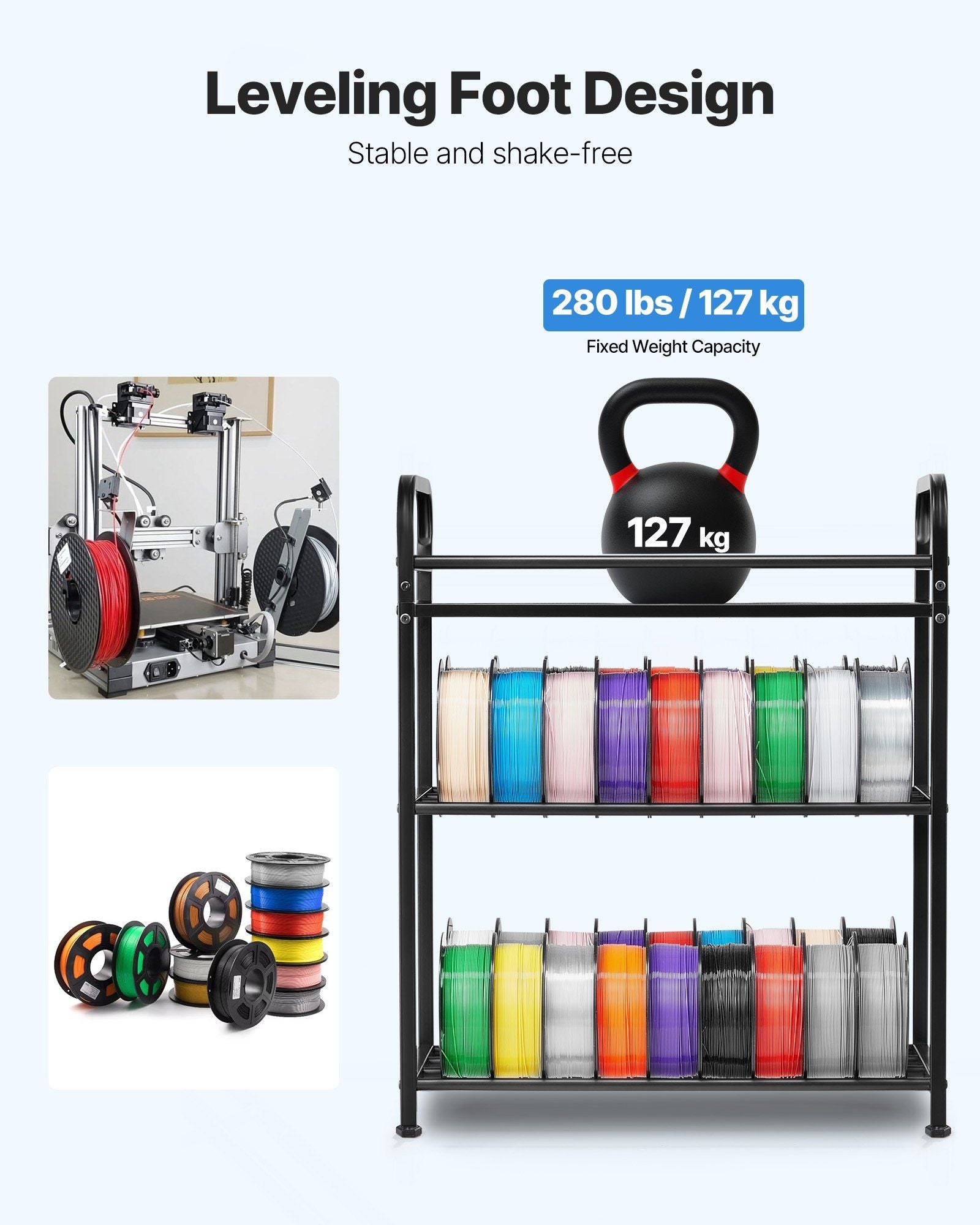 3D Printer Filament Storage Rack, 3 Tier Heavy Duty Storage Shelf, Rolling Filament Spool Holders Racks with Wheels, Filaments Organzied for 3D Printing Station, Office, Workshop (Shelf Only)