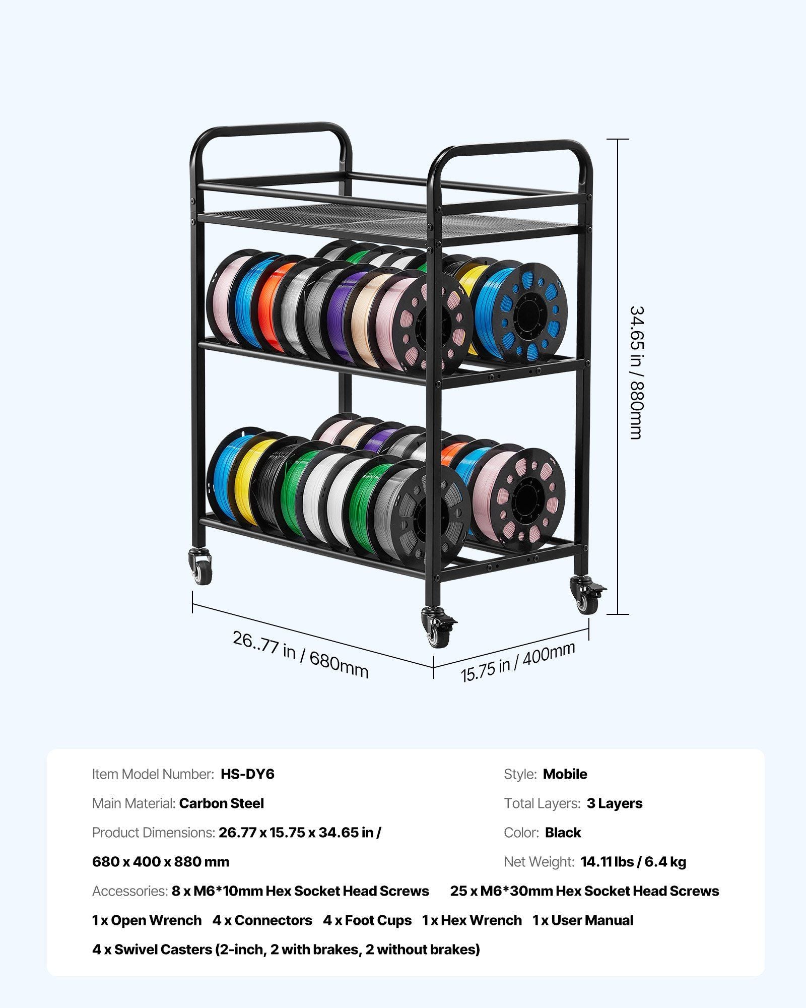 3D Printer Filament Storage Rack, 3 Tier Heavy Duty Storage Shelf, Rolling Filament Spool Holders Racks with Wheels, Filaments Organzied for 3D Printing Station, Office, Workshop (Shelf Only)