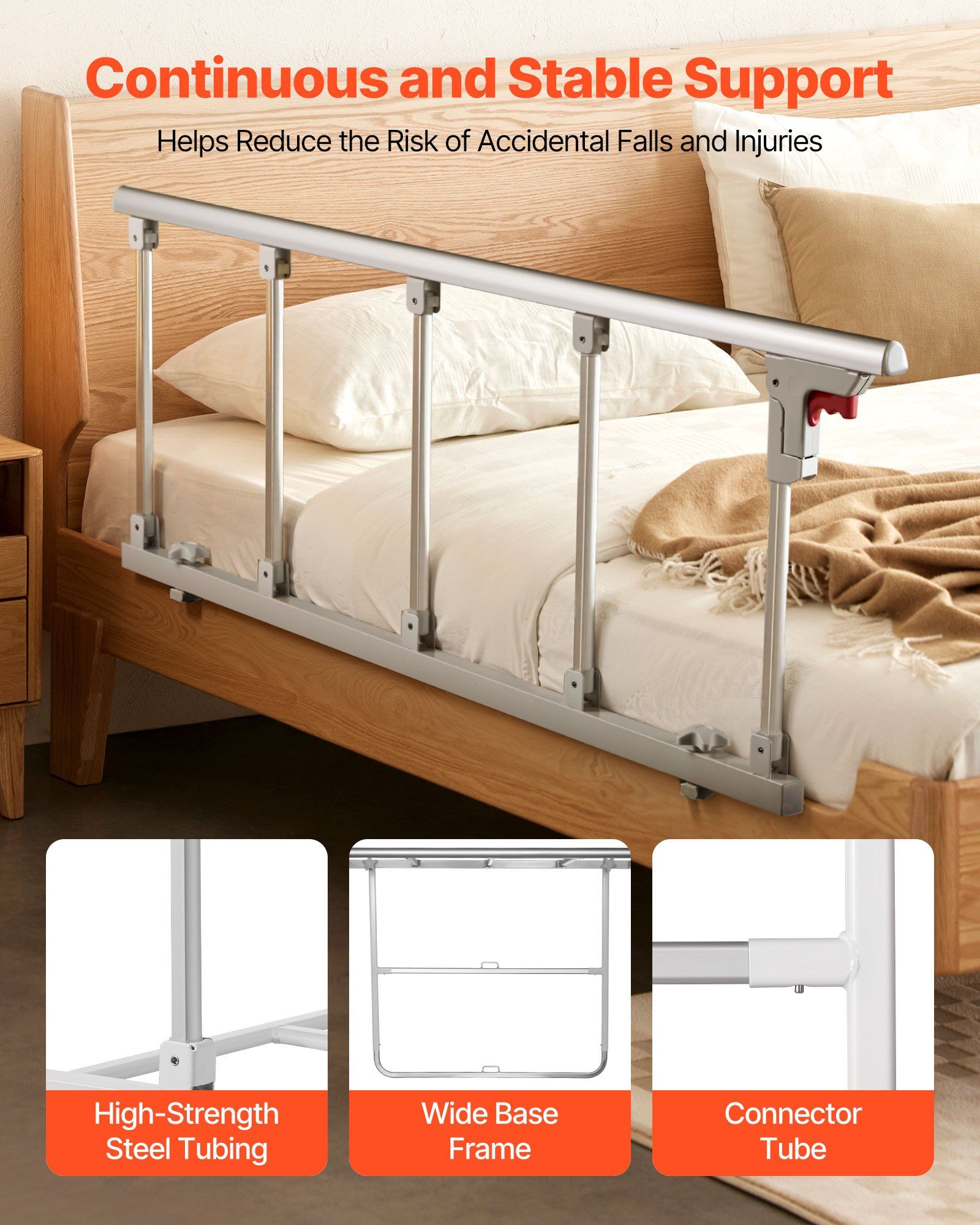 Foldable Bed Rail for Elderly, 122 cm Bedside Assist Rail with Fixing Strap, Adjustable Height Pipe Bedside Cane, High-Strength Metal Senior Bed Bar, Hand Guard Grab Fits King, Queen, Full, Twin