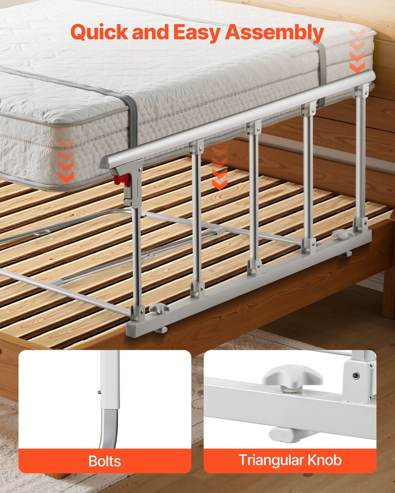Foldable Bed Rail for Elderly, 122 cm Bedside Assist Rail with Fixing Strap, Adjustable Height Pipe Bedside Cane, High-Strength Metal Senior Bed Bar, Hand Guard Grab Fits King, Queen, Full, Twin