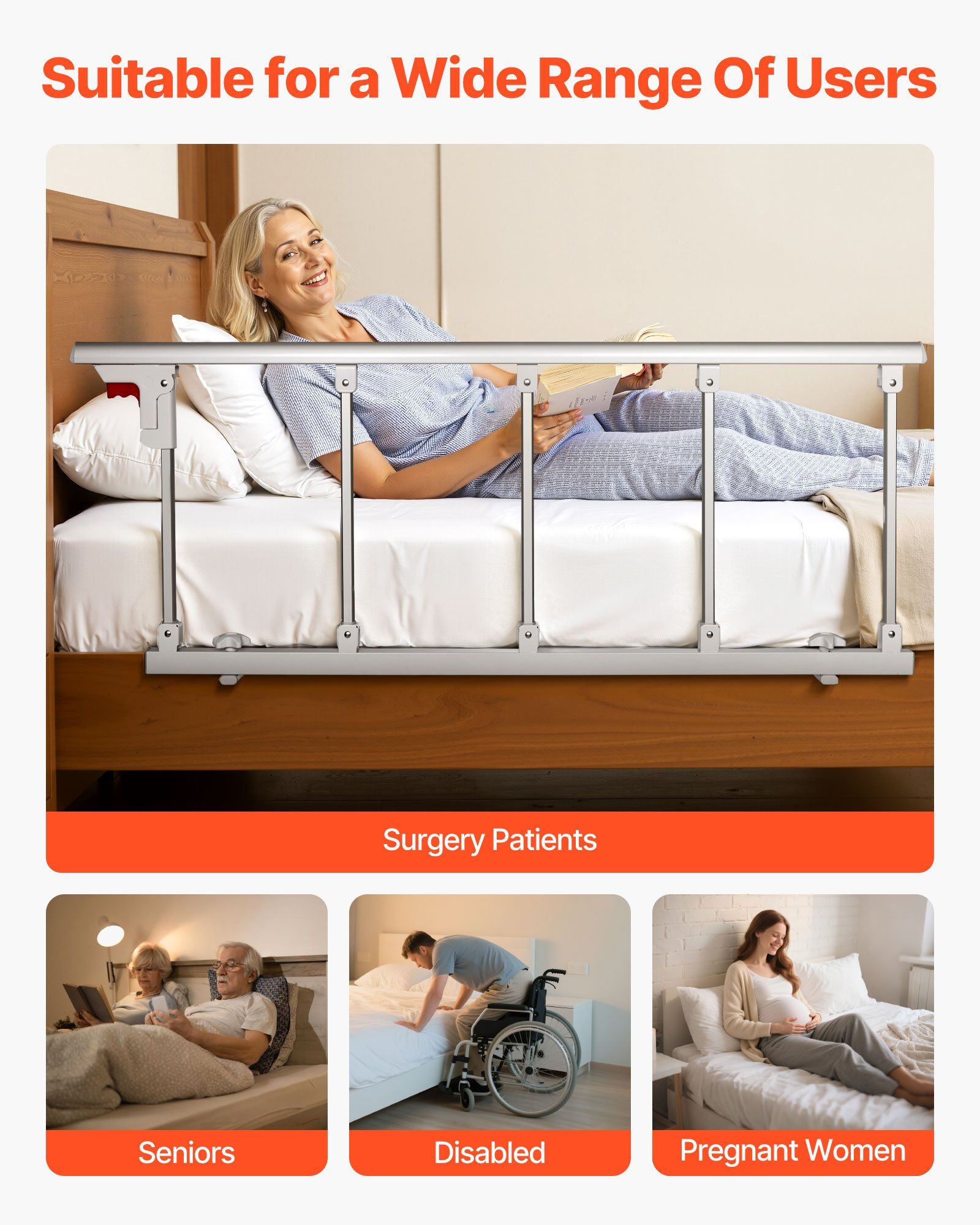 Foldable Bed Rail for Elderly, 122 cm Bedside Assist Rail with Fixing Strap, Adjustable Height Pipe Bedside Cane, High-Strength Metal Senior Bed Bar, Hand Guard Grab Fits King, Queen, Full, Twin