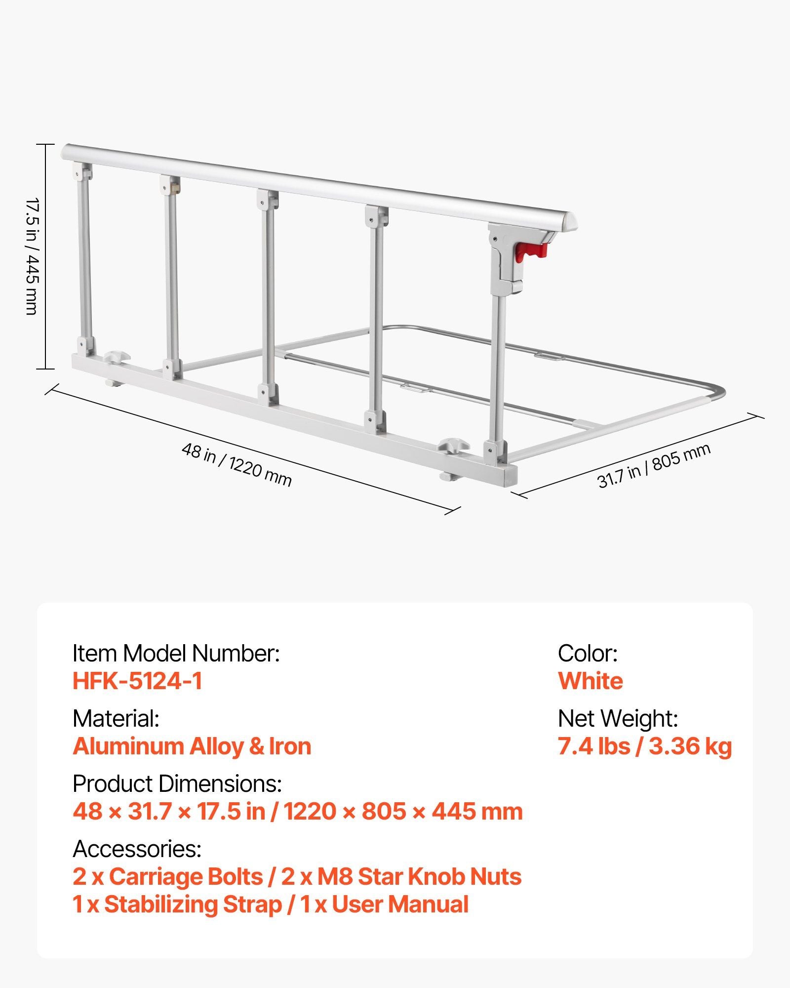 Foldable Bed Rail for Elderly, 122 cm Bedside Assist Rail with Fixing Strap, Adjustable Height Pipe Bedside Cane, High-Strength Metal Senior Bed Bar, Hand Guard Grab Fits King, Queen, Full, Twin