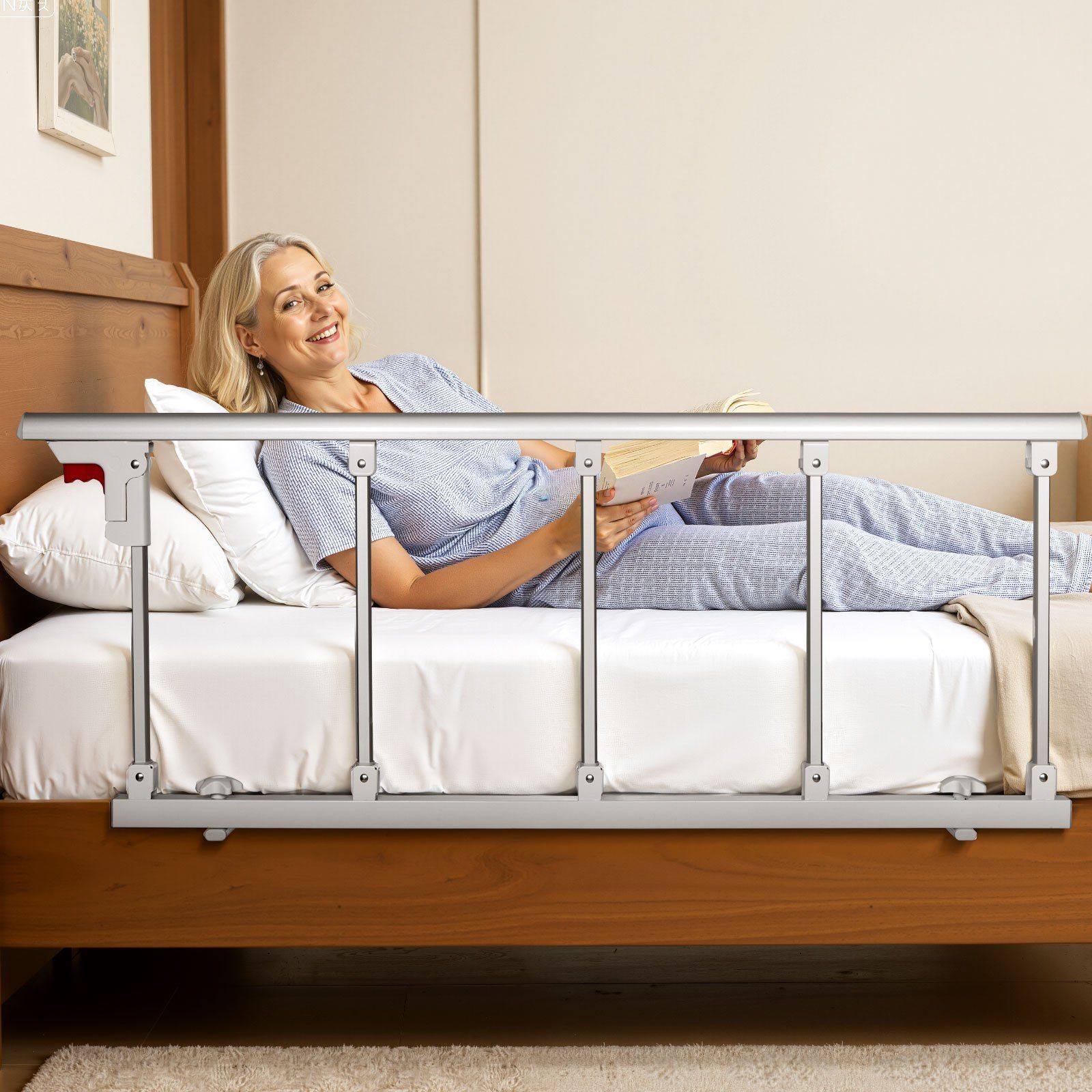 Foldable Bed Rail for Elderly, 122 cm Bedside Assist Rail with Fixing Strap, Adjustable Height Pipe Bedside Cane, High-Strength Metal Senior Bed Bar, Hand Guard Grab Fits King, Queen, Full, Twin
