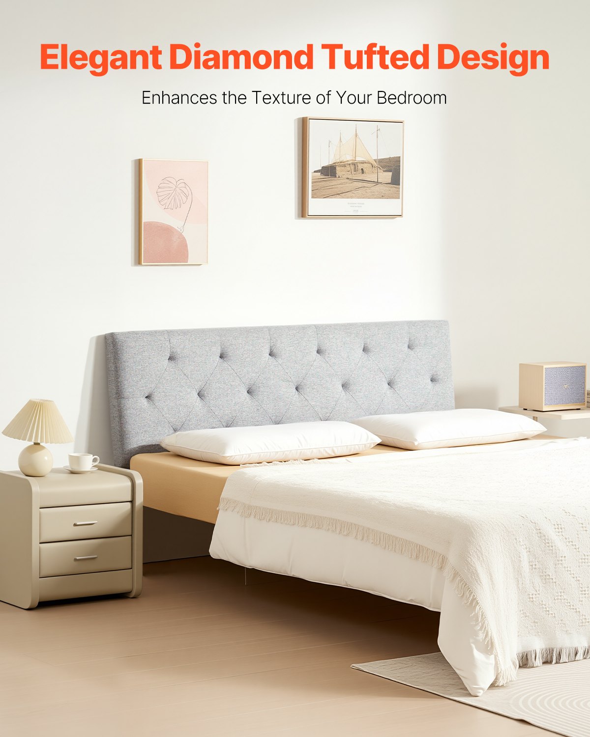 Headboard, Full Size Headboard with Adjustable Height, Comfortable Diamond Tufted for Full Size Bed, W 56.3 x H（35.6-47.4）inches, Ideal for Bedroom, Hotel, Homestay, Dormitory, Light Grey