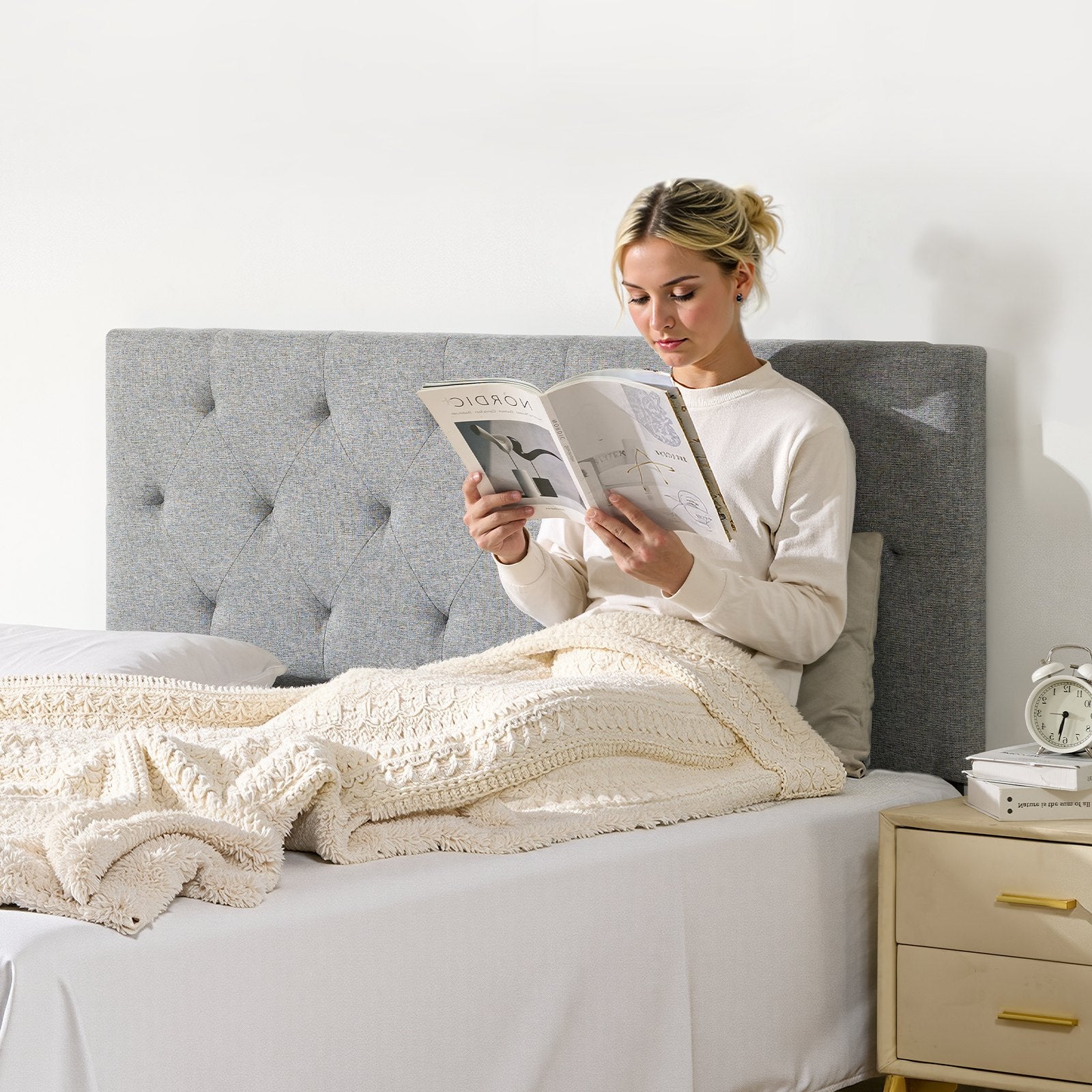 Headboard, Full Size Headboard with Adjustable Height, Comfortable Diamond Tufted for Full Size Bed, W 56.3 x H（35.6-47.4）inches, Ideal for Bedroom, Hotel, Homestay, Dormitory, Light Grey