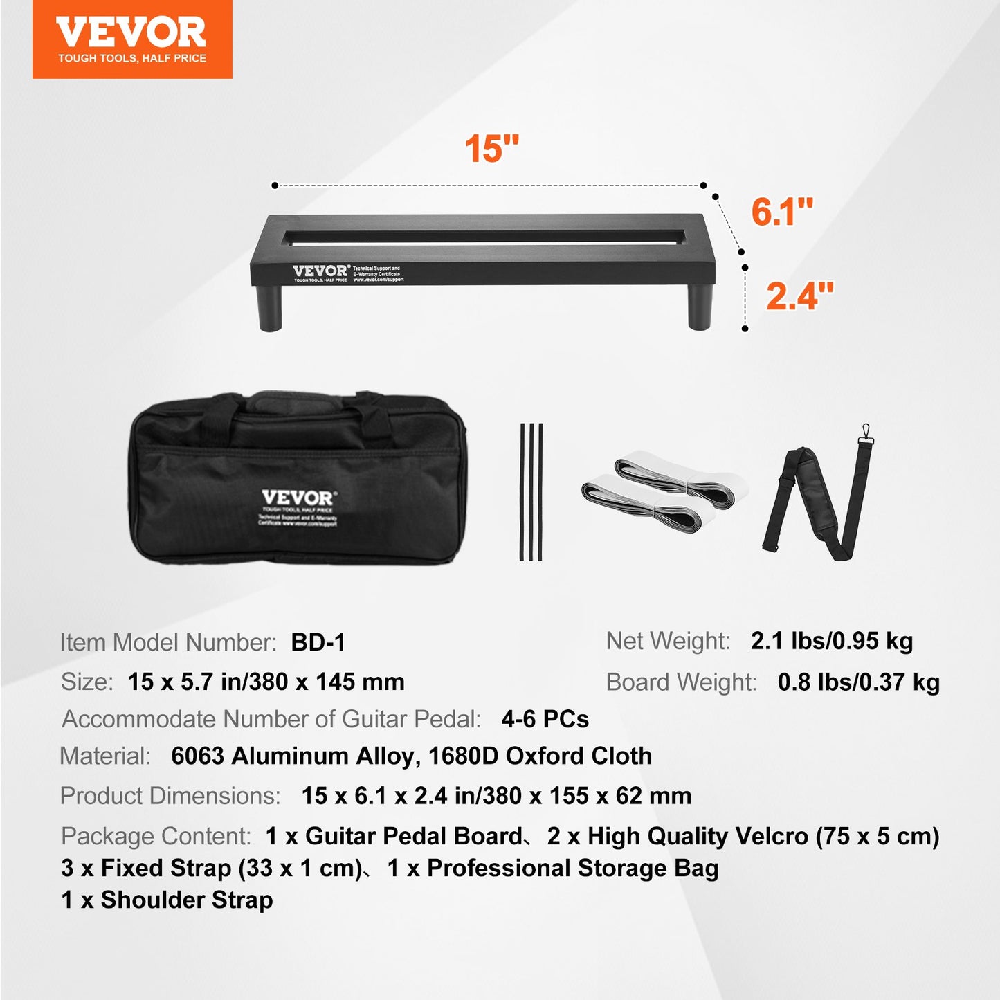 Guitar Pedal Board, 15'' x 5.7'', Aluminum Alloy 0.8 lbs Super Light Guitar Effects PedalBoard with Carry Bag High Quality Velcro Fixed Strap Shoulder Strap, Accommodate 4-6 Guitar Pedals, Small