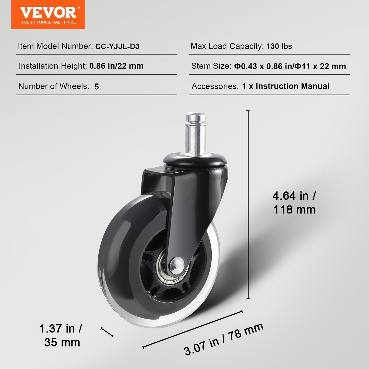 Office Chair Wheels, Set of 5, 76.2 mm Caster Wheels Replacement for Hardwood Floors and Carpet, Heavy Duty Computer Gaming Desk Casters with 59 kg Load Capacity, Universal Fit for Most Chairs