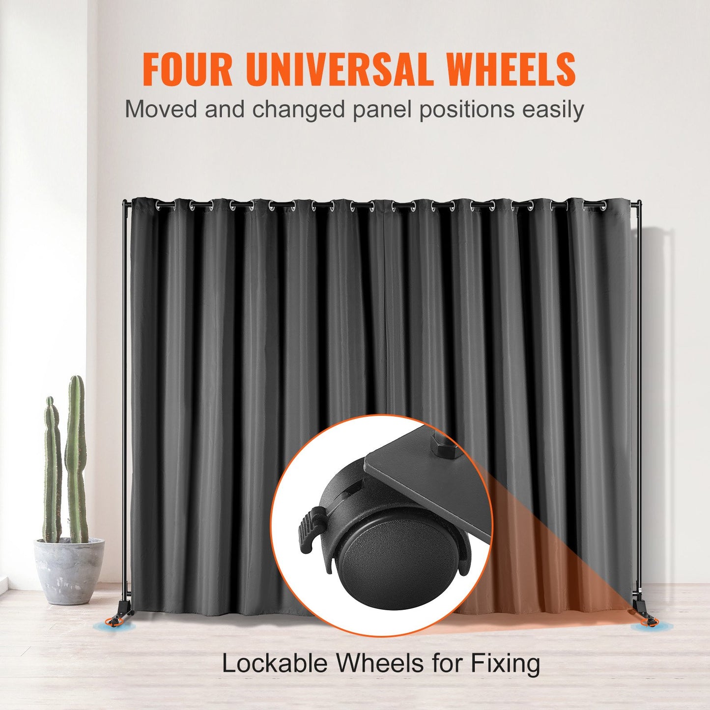 Room Divider, 8 ft x 10 ft (96 x 120inch) Portable Panel Room Divider with Wheels Curtain Divider Stand, Room Divider Privacy Screen for Office, Bedroom, Dining Room, Study, Black