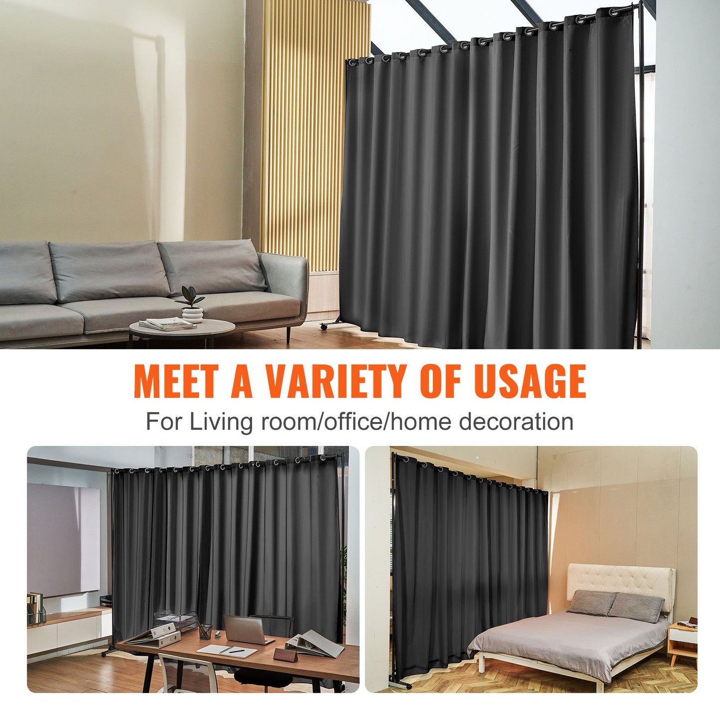 Room Divider, 8 ft x 10 ft (96 x 120inch) Portable Panel Room Divider with Wheels Curtain Divider Stand, Room Divider Privacy Screen for Office, Bedroom, Dining Room, Study, Black