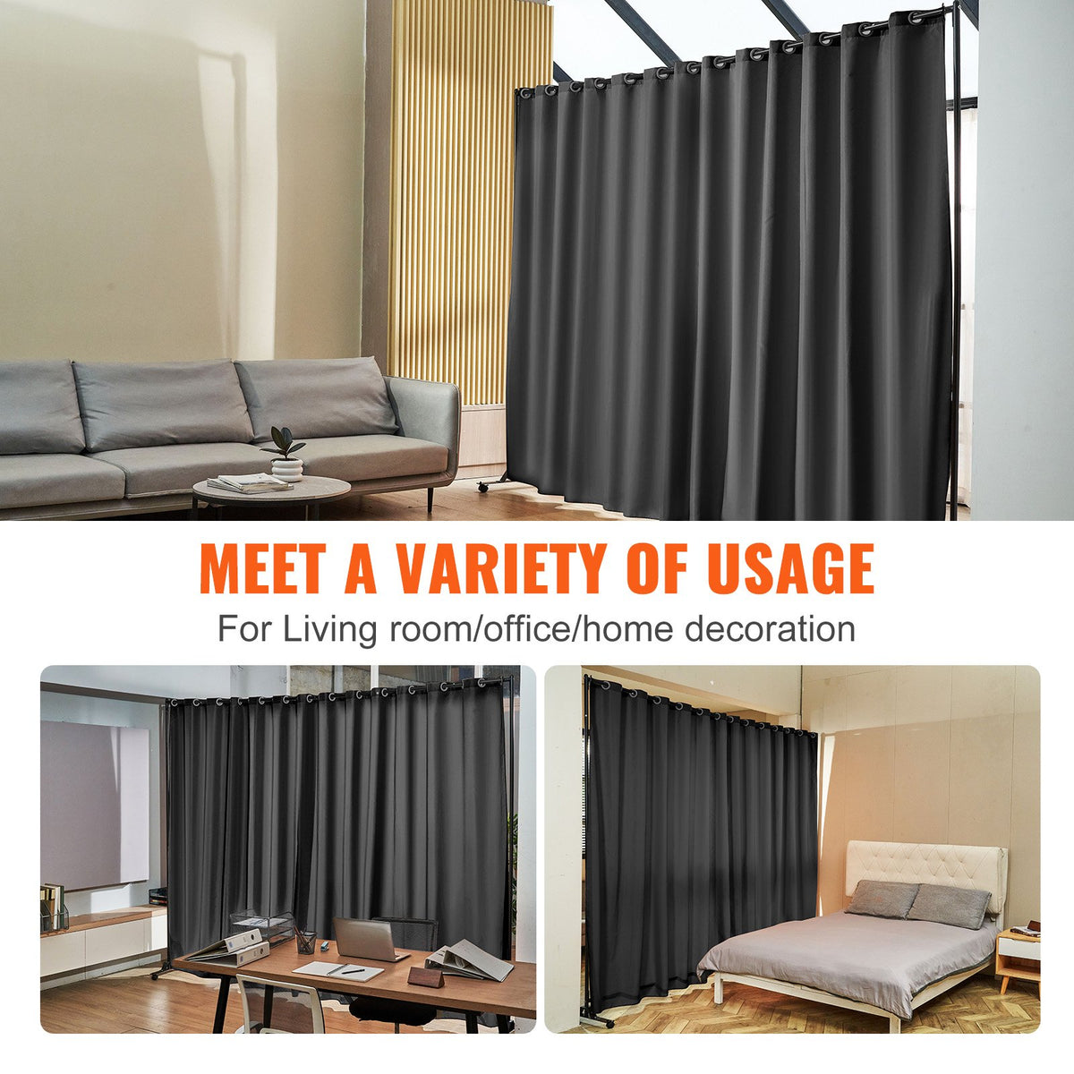 Room Divider, 8 ft x 10 ft (96 x 120inch) Portable Panel Room Divider with Wheels Curtain Divider Stand, Room Divider Privacy Screen for Office, Bedroom, Dining Room, Study, Black