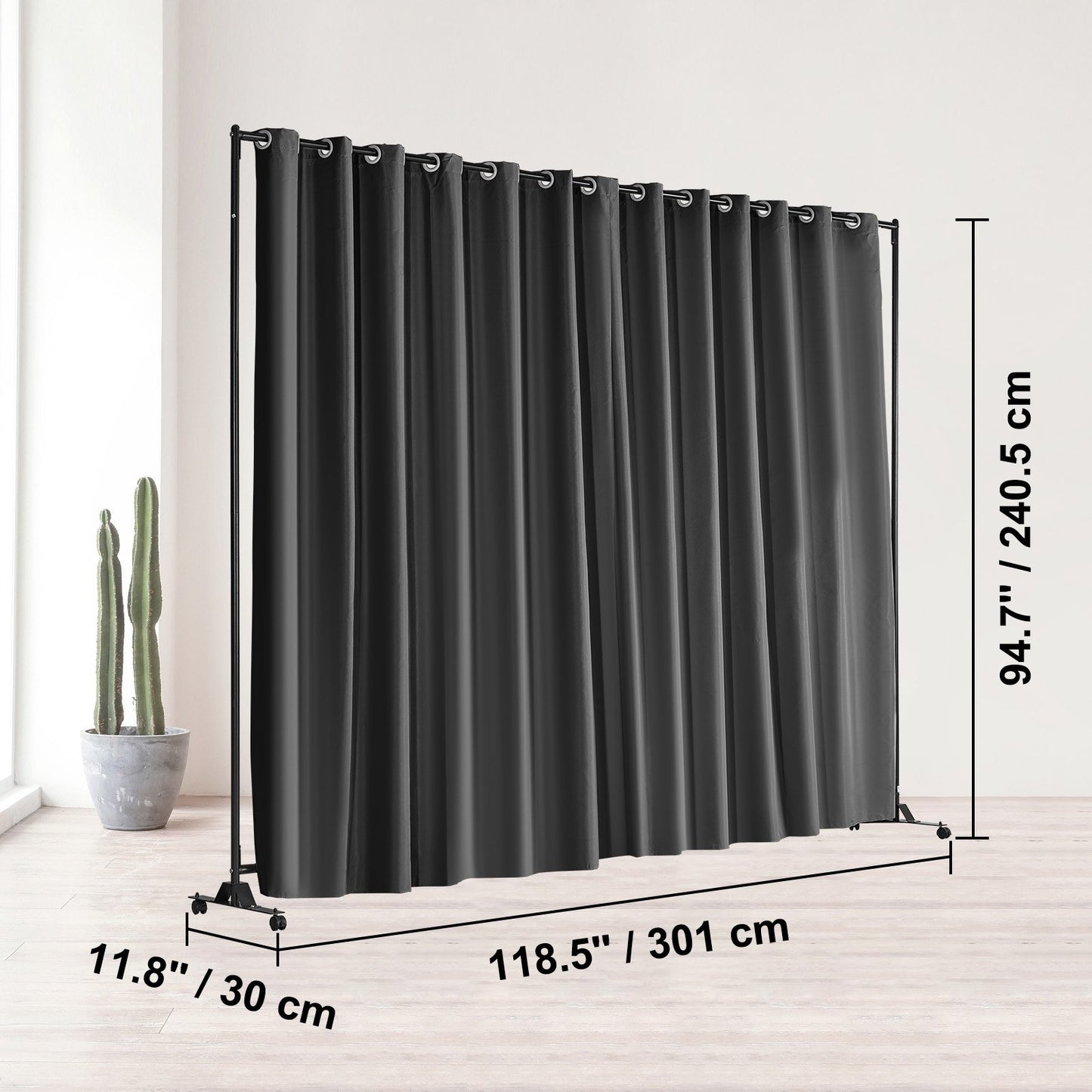 Room Divider, 8 ft x 10 ft (96 x 120inch) Portable Panel Room Divider with Wheels Curtain Divider Stand, Room Divider Privacy Screen for Office, Bedroom, Dining Room, Study, Black