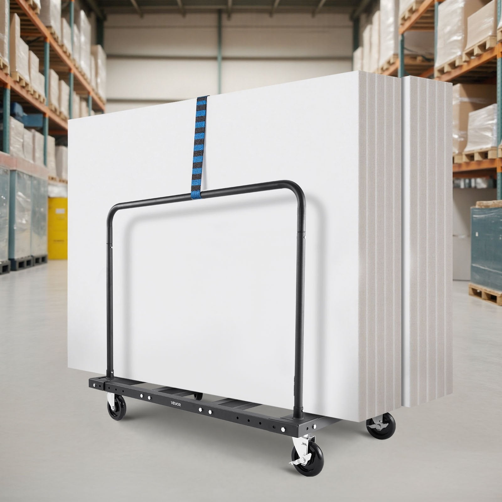 Drywall Cart Dolly, 816 kg Load Capacity, Steel Panel Truck Cart with 12.5 mm Swivel Casters, Lumber Drywall Dolly with Tie-Down Strap & 2 Side Handrails for Factory, Warehouse, Garage, Black