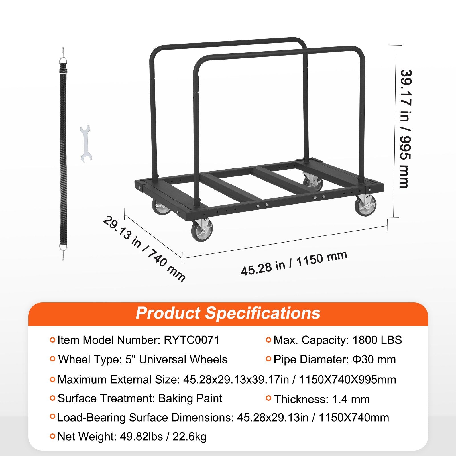 Drywall Cart, 1800 LBS Panel Dolly Cart with 45.28" x 29.13" Deck and 5" Swivel Wheels, Heavy-Duty Drywall Sheet Cart, Handling Wall Panel, Sheetrock, Lumber, for Garage, Home, Warehouse