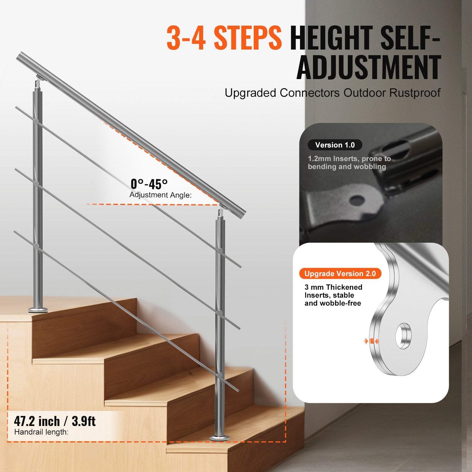 47.2in Handrails for Outdoor Steps 3 Crossbars Staircase for Porch Deck