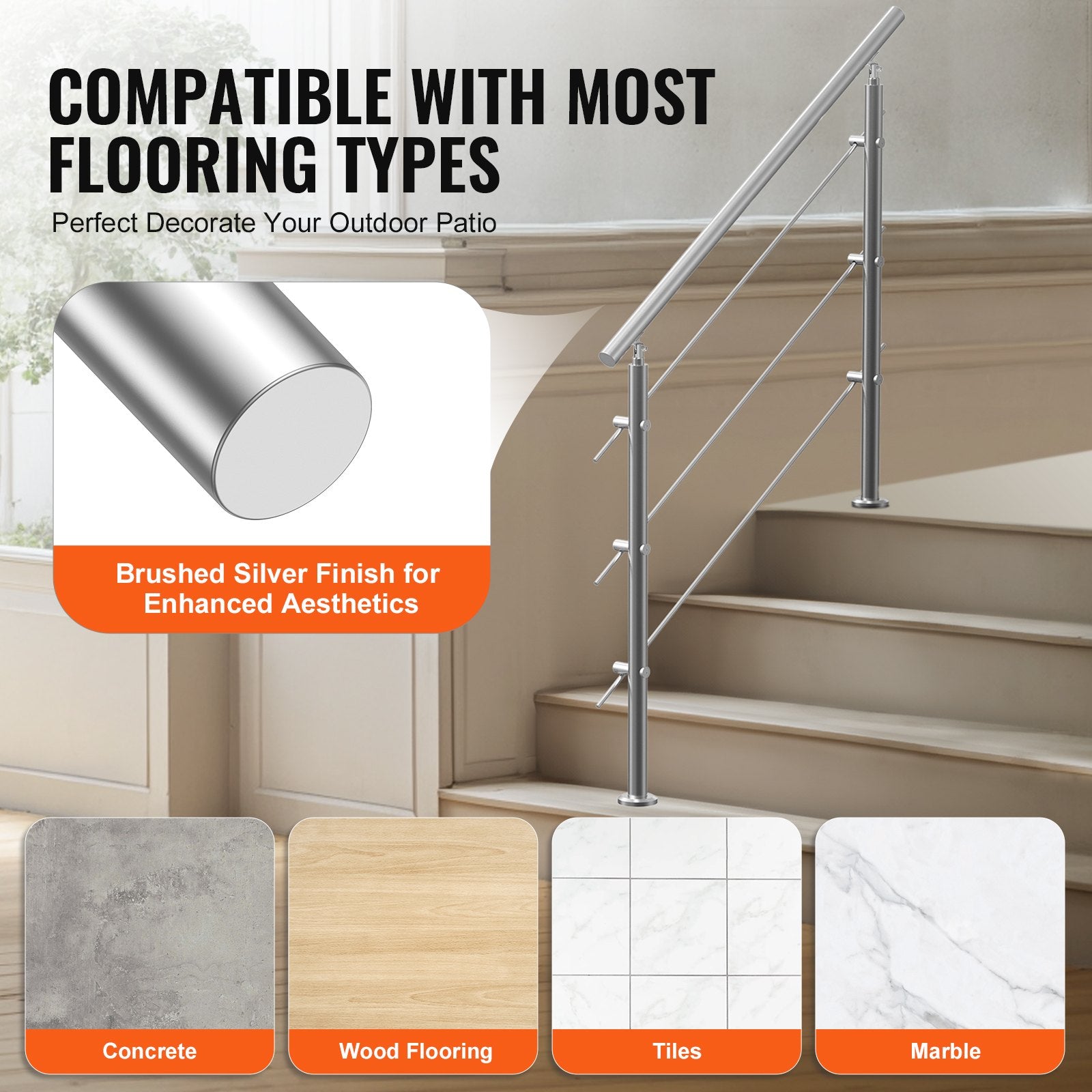 47.2in Handrails for Outdoor Steps 3 Crossbars Staircase for Porch Deck