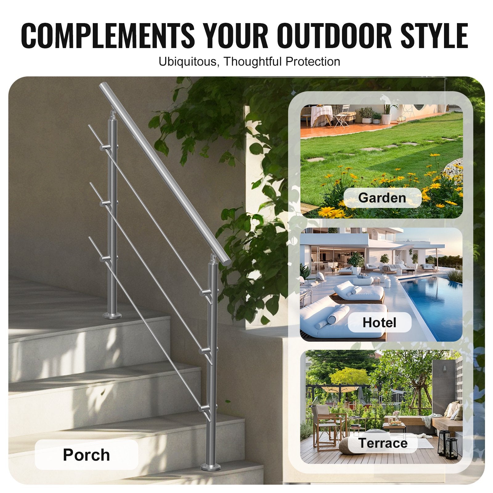 47.2in Handrails for Outdoor Steps 3 Crossbars Staircase for Porch Deck