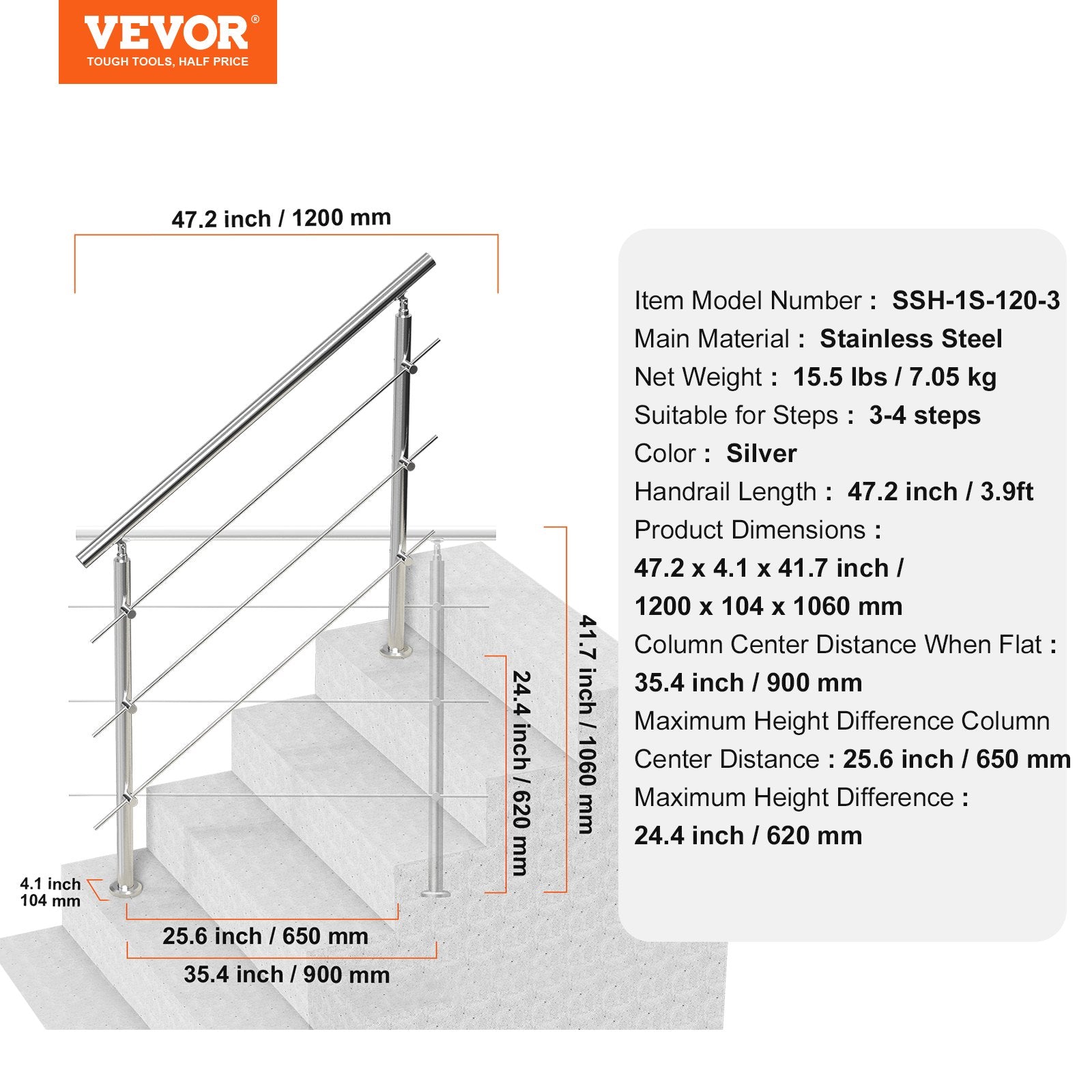 47.2in Handrails for Outdoor Steps 3 Crossbars Staircase for Porch Deck
