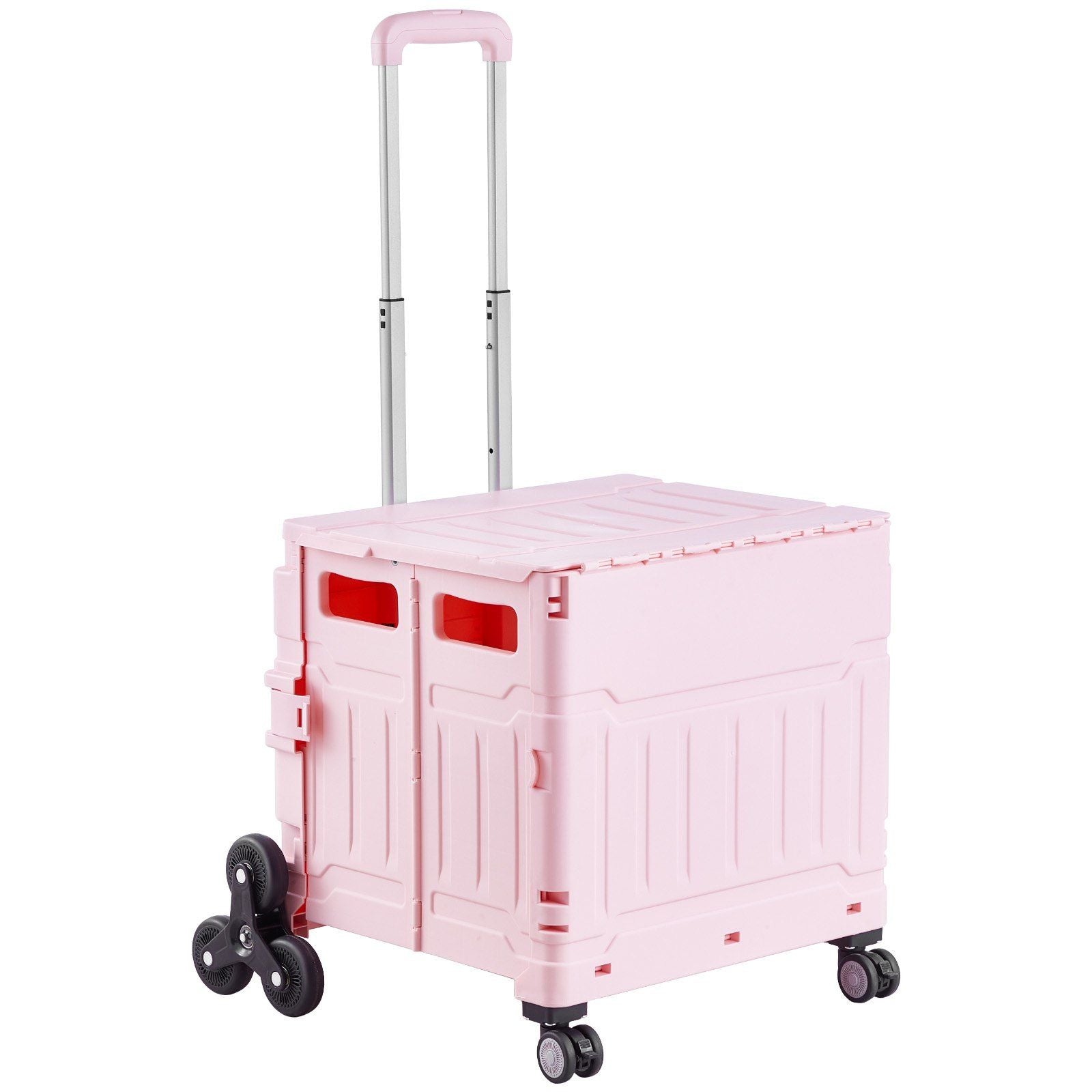 Foldable Utility Cart, 65L Collapsible Portable Crate Rolling Cart with Stair Climbing Wheels & 360° Swivel Wheels, Hand Cart with Telescoping Handle for Shopping Office Moving Teacher, Pink