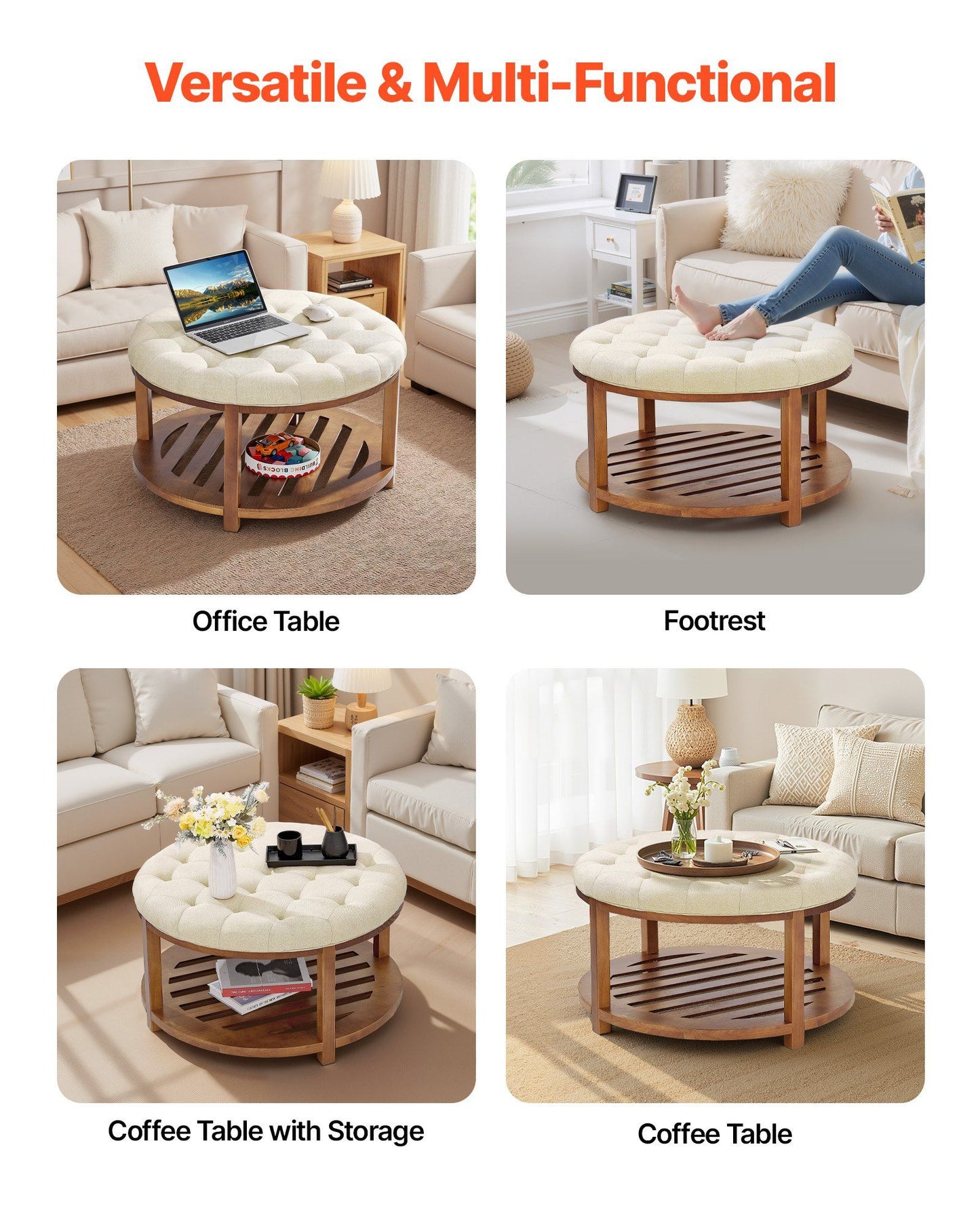 Large Round Ottoman Coffee Table, 81 cm Tufted Coffee Table with Solid Wood Shelf Storage, Linen Solid Upholstered Footrest Ottoman for Bedroom Living Room, 350 LBS, Linen Color