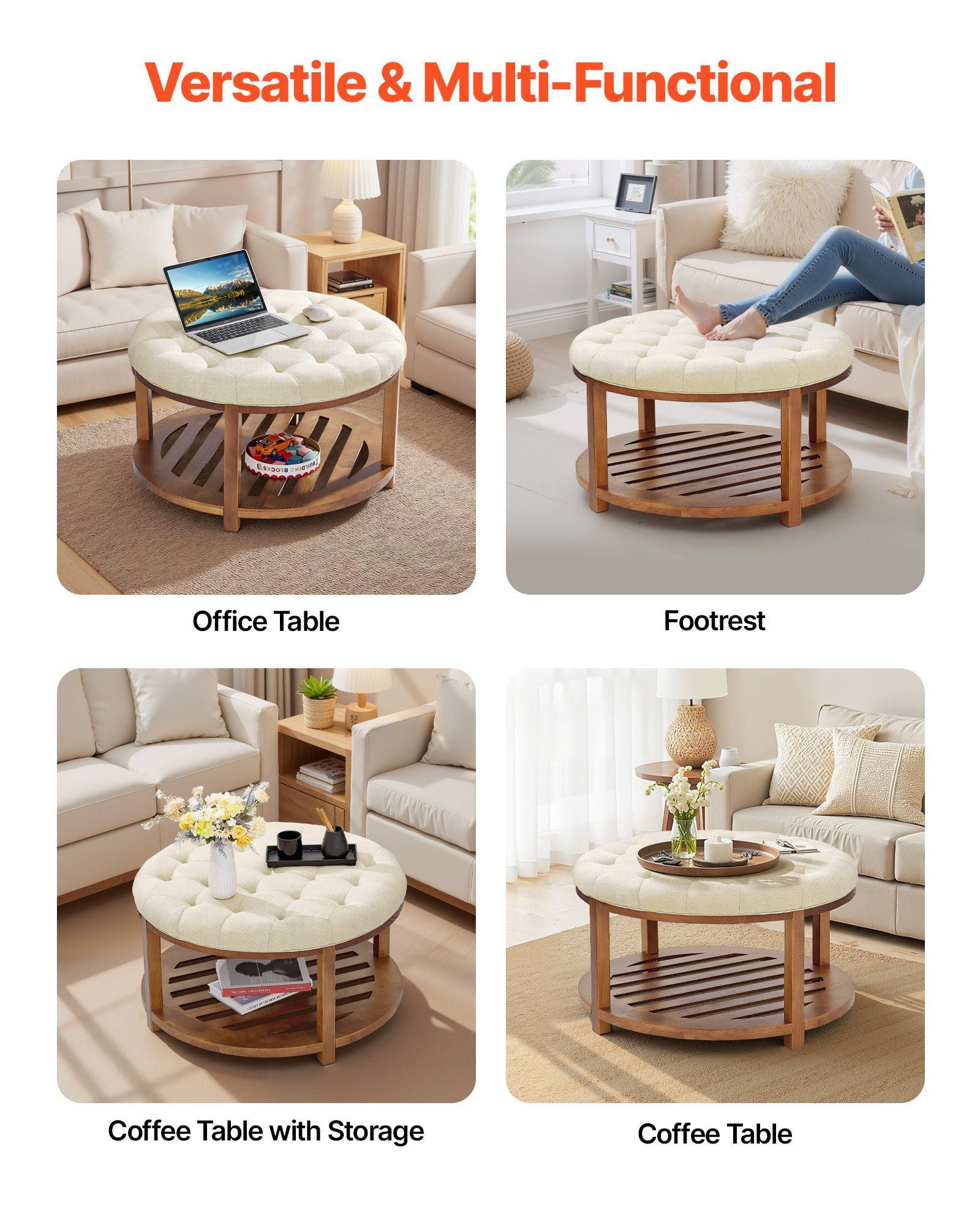 Large Round Ottoman Coffee Table, 81 cm Tufted Coffee Table with Solid Wood Shelf Storage, Linen Solid Upholstered Footrest Ottoman for Bedroom Living Room, 350 LBS, Linen Color