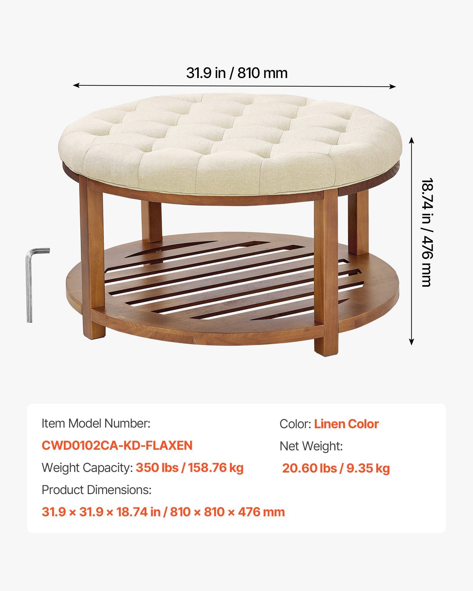 Large Round Ottoman Coffee Table, 81 cm Tufted Coffee Table with Solid Wood Shelf Storage, Linen Solid Upholstered Footrest Ottoman for Bedroom Living Room, 350 LBS, Linen Color