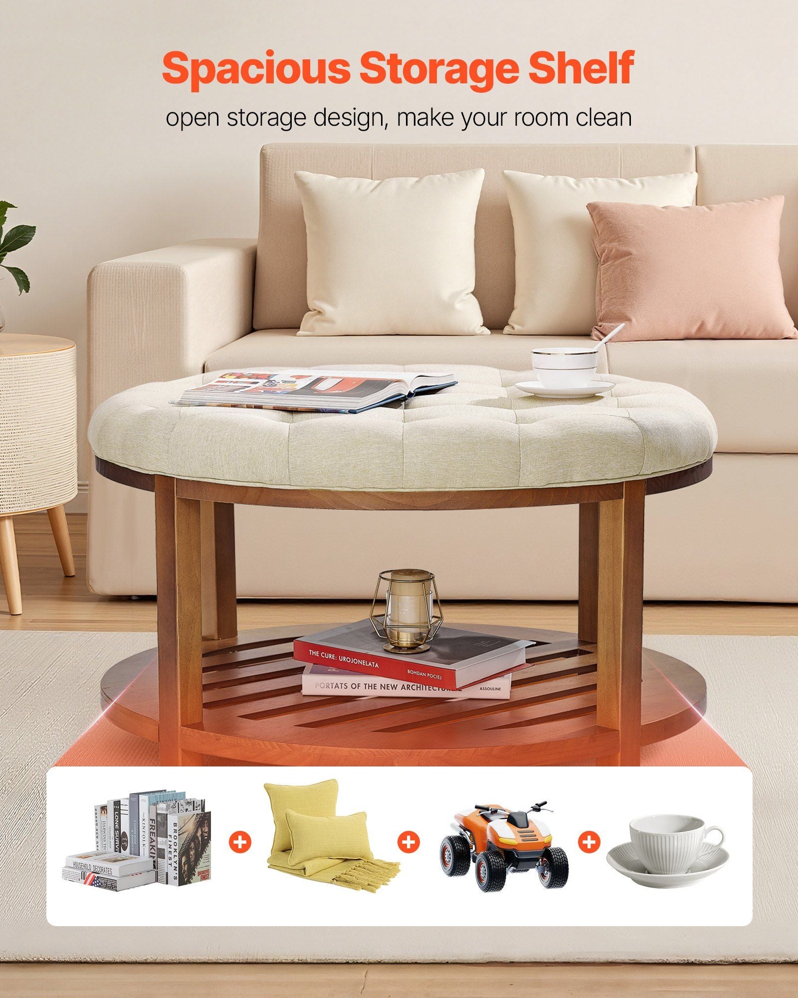 Large Round Ottoman Coffee Table, 81 cm Tufted Coffee Table with Solid Wood Shelf Storage, Linen Solid Upholstered Footrest Ottoman for Bedroom Living Room, 350 LBS, Linen Color