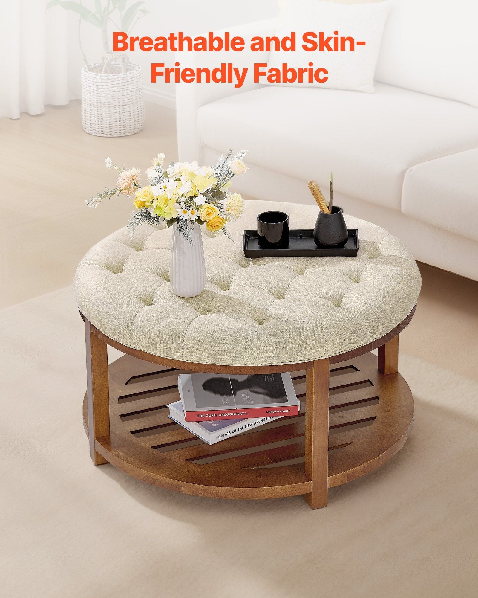 Large Round Ottoman Coffee Table, 81 cm Tufted Coffee Table with Solid Wood Shelf Storage, Linen Solid Upholstered Footrest Ottoman for Bedroom Living Room, 350 LBS, Linen Color
