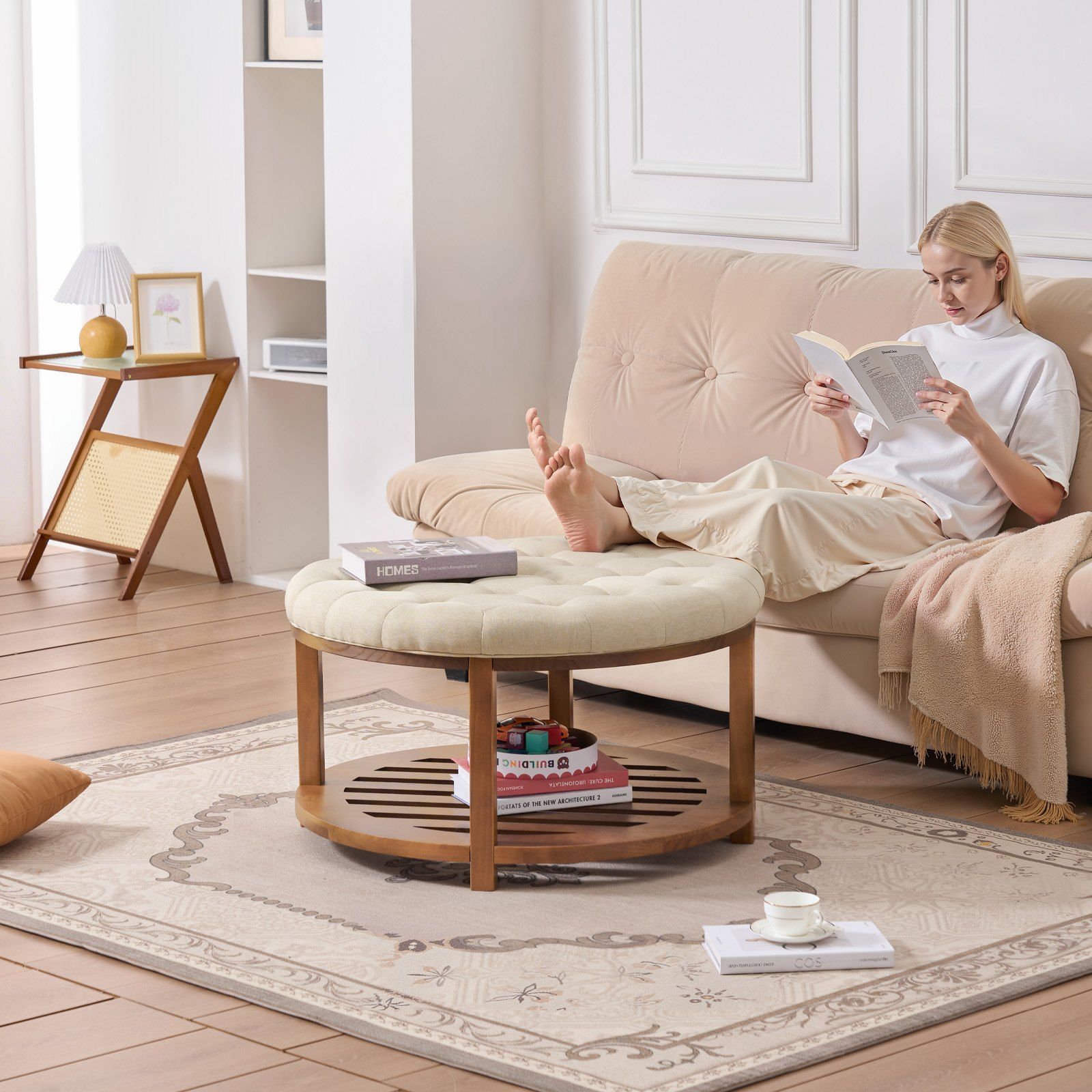 Large Round Ottoman Coffee Table, 81 cm Tufted Coffee Table with Solid Wood Shelf Storage, Linen Solid Upholstered Footrest Ottoman for Bedroom Living Room, 350 LBS, Linen Color