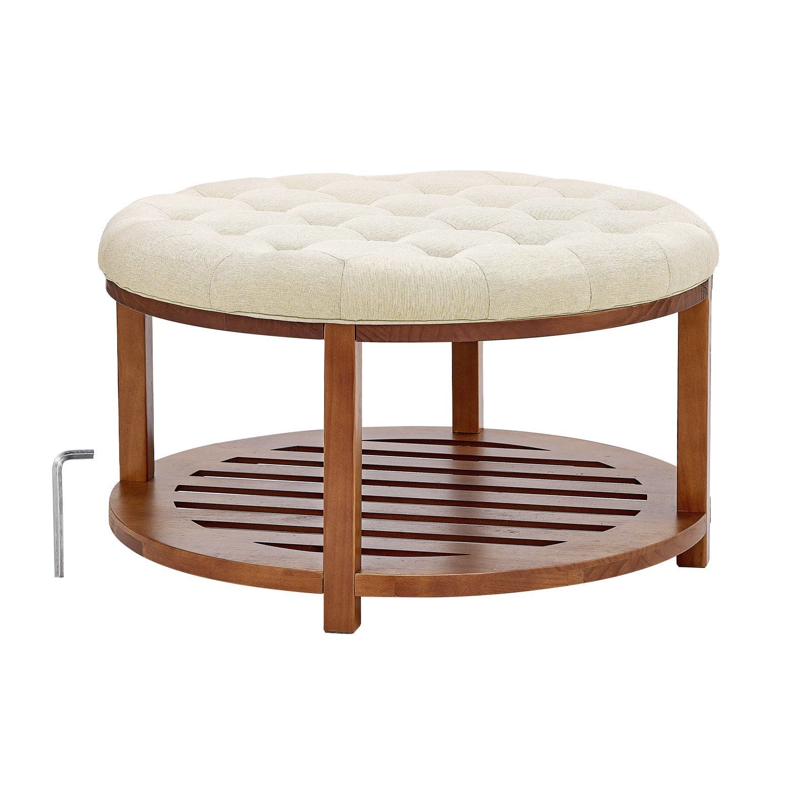 Large Round Ottoman Coffee Table, 81 cm Tufted Coffee Table with Solid Wood Shelf Storage, Linen Solid Upholstered Footrest Ottoman for Bedroom Living Room, 350 LBS, Linen Color