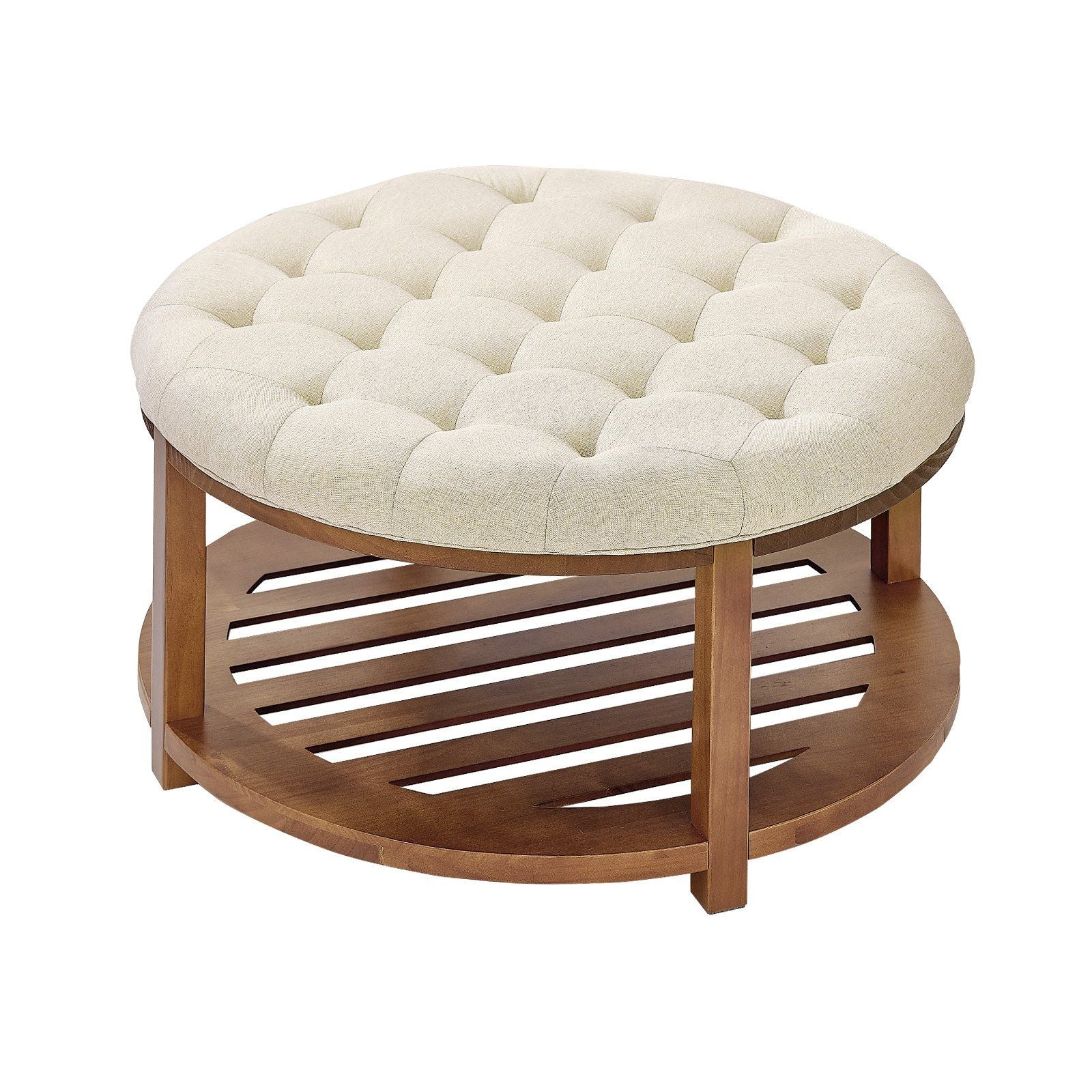 Large Round Ottoman Coffee Table, 81 cm Tufted Coffee Table with Solid Wood Shelf Storage, Linen Solid Upholstered Footrest Ottoman for Bedroom Living Room, 350 LBS, Linen Color