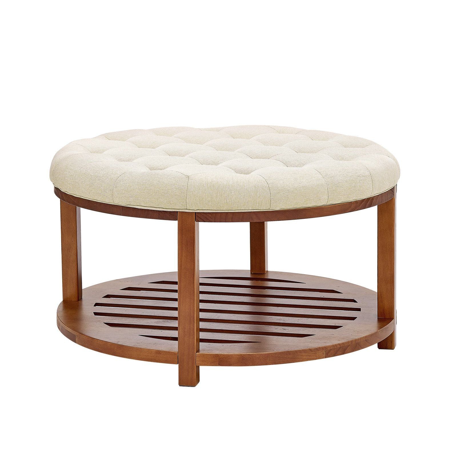 Large Round Ottoman Coffee Table, 81 cm Tufted Coffee Table with Solid Wood Shelf Storage, Linen Solid Upholstered Footrest Ottoman for Bedroom Living Room, 350 LBS, Linen Color