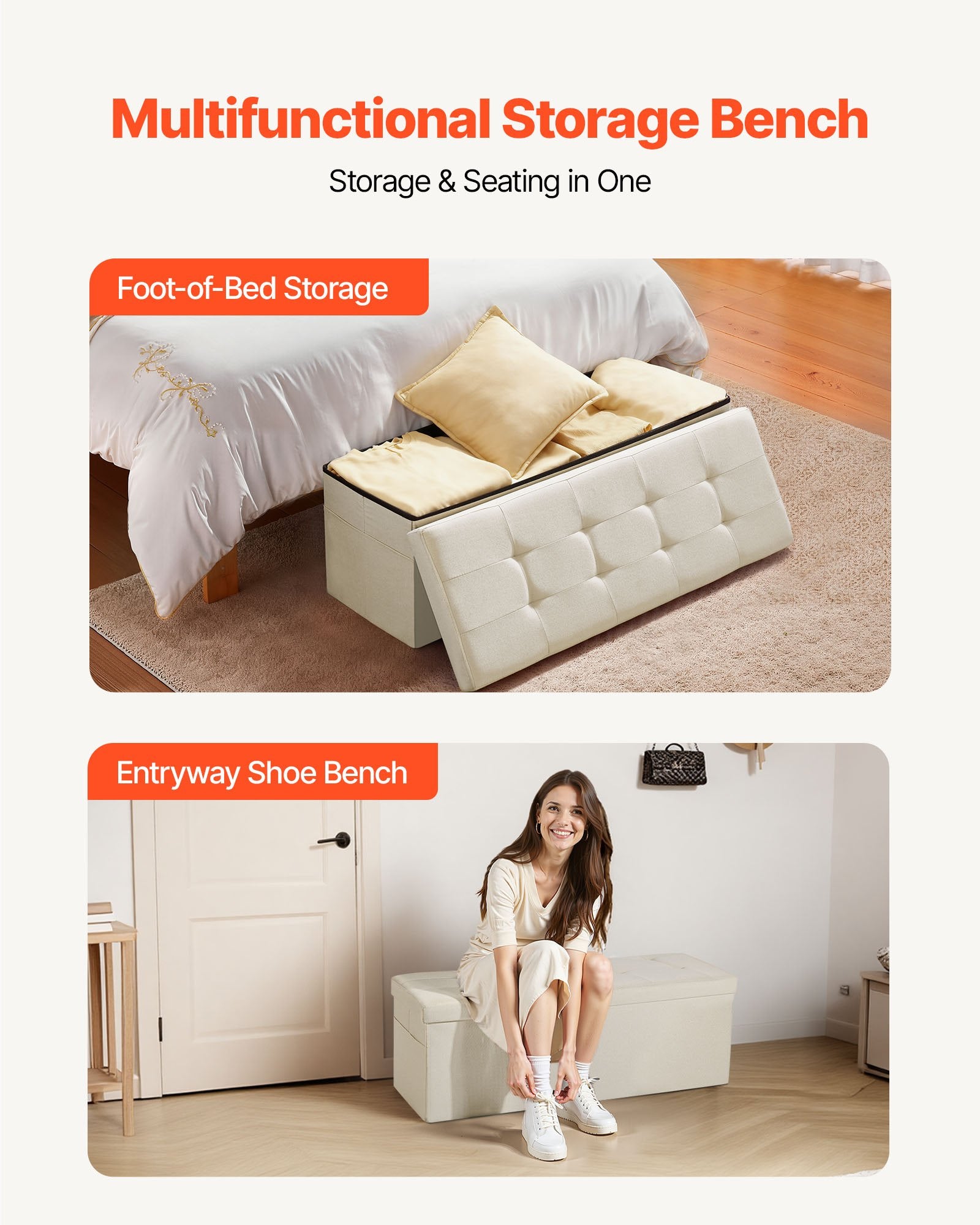 Foldable Storage Ottoman Bench, End of Bed Bench with Side Bags, Folding Upholstered Storage Chest Supports 660 lbs, Linen Bed Ottoman with Large Space for Living Room, Bedroom, Entryway, Beige