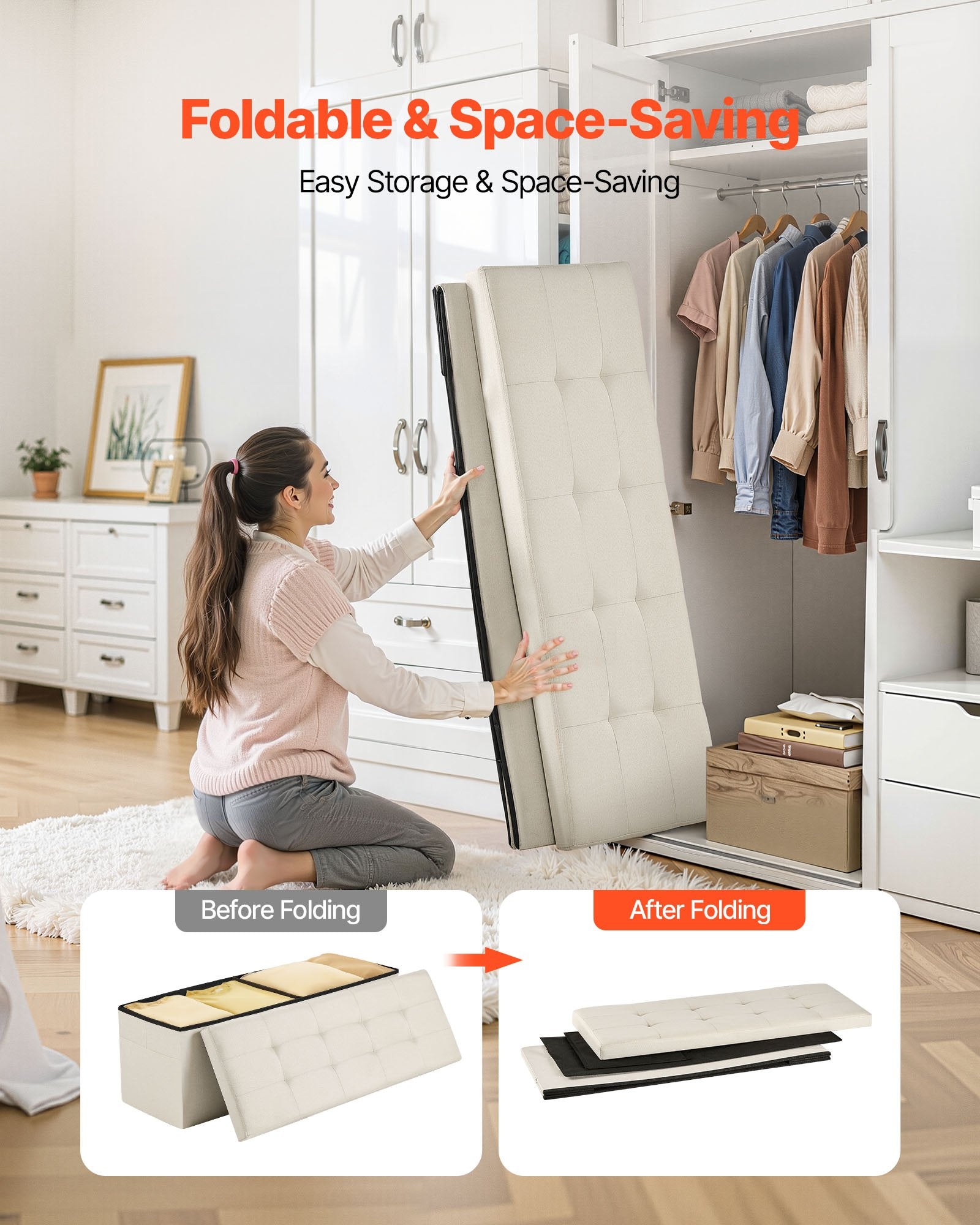 Foldable Storage Ottoman Bench, End of Bed Bench with Side Bags, Folding Upholstered Storage Chest Supports 660 lbs, Linen Bed Ottoman with Large Space for Living Room, Bedroom, Entryway, Beige