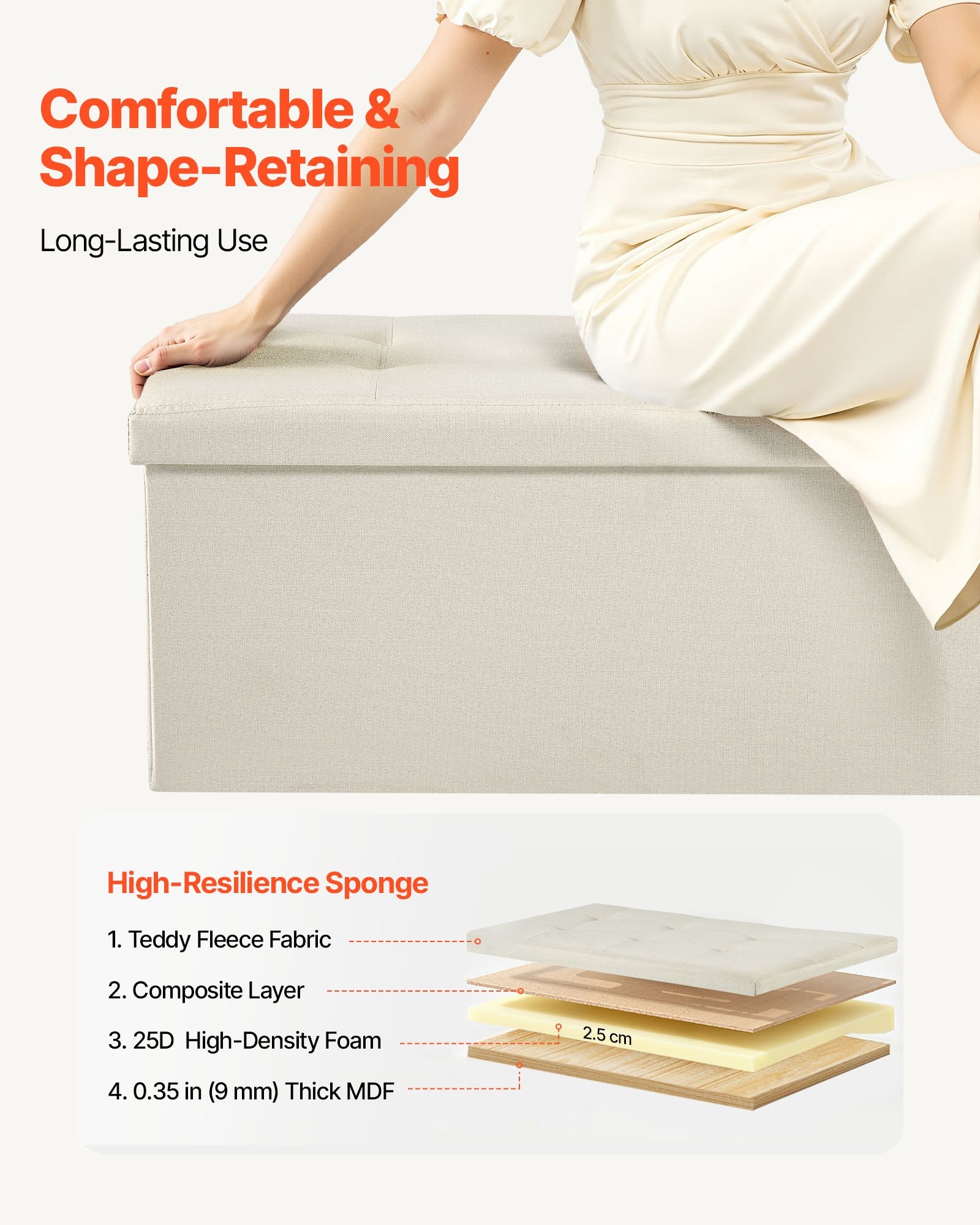 Foldable Storage Ottoman Bench, End of Bed Bench with Side Bags, Folding Upholstered Storage Chest Supports 660 lbs, Linen Bed Ottoman with Large Space for Living Room, Bedroom, Entryway, Beige