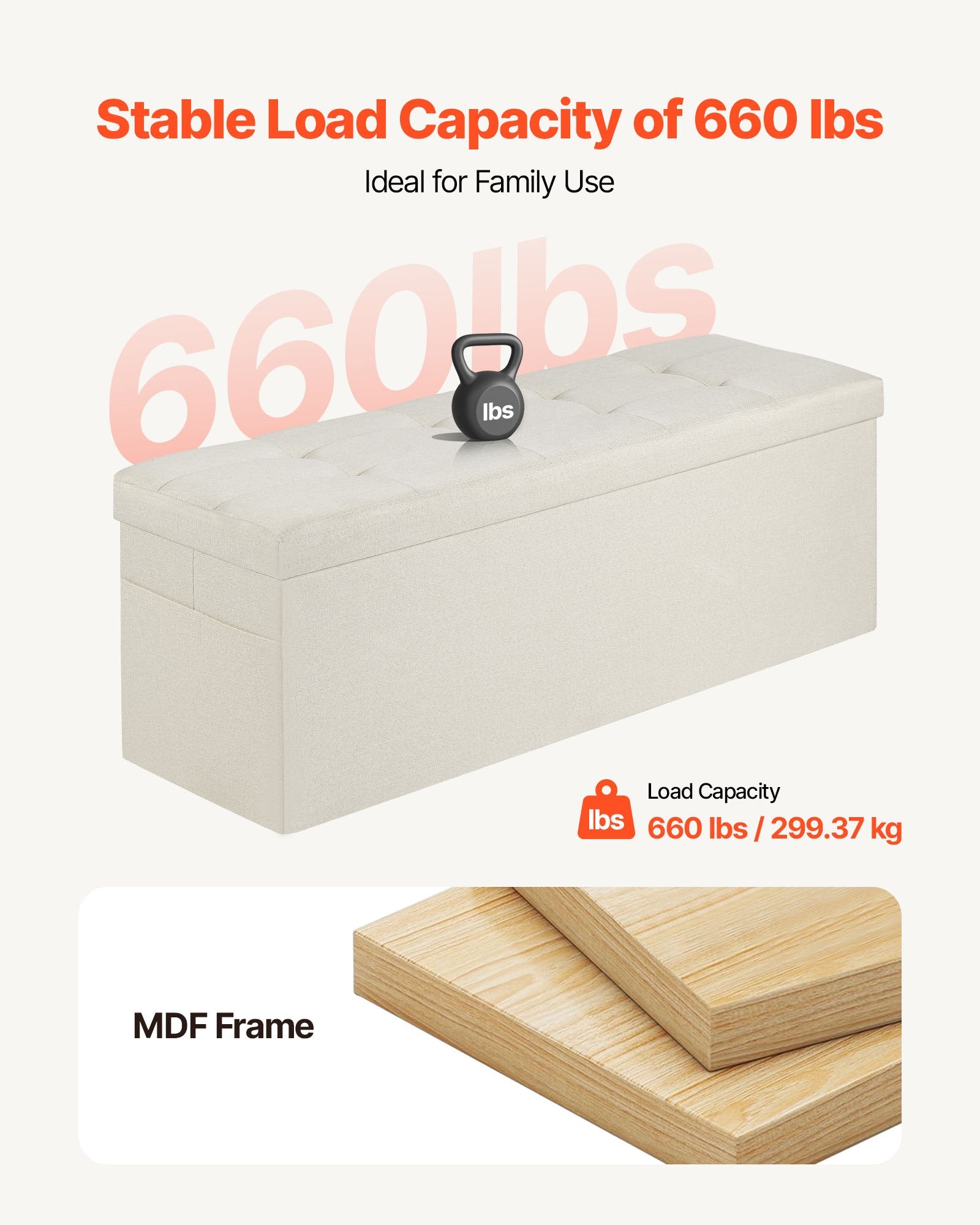 Foldable Storage Ottoman Bench, End of Bed Bench with Side Bags, Folding Upholstered Storage Chest Supports 660 lbs, Linen Bed Ottoman with Large Space for Living Room, Bedroom, Entryway, Beige