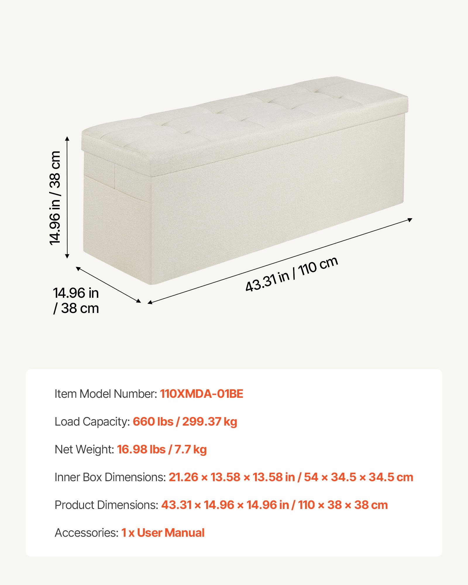 Foldable Storage Ottoman Bench, End of Bed Bench with Side Bags, Folding Upholstered Storage Chest Supports 660 lbs, Linen Bed Ottoman with Large Space for Living Room, Bedroom, Entryway, Beige
