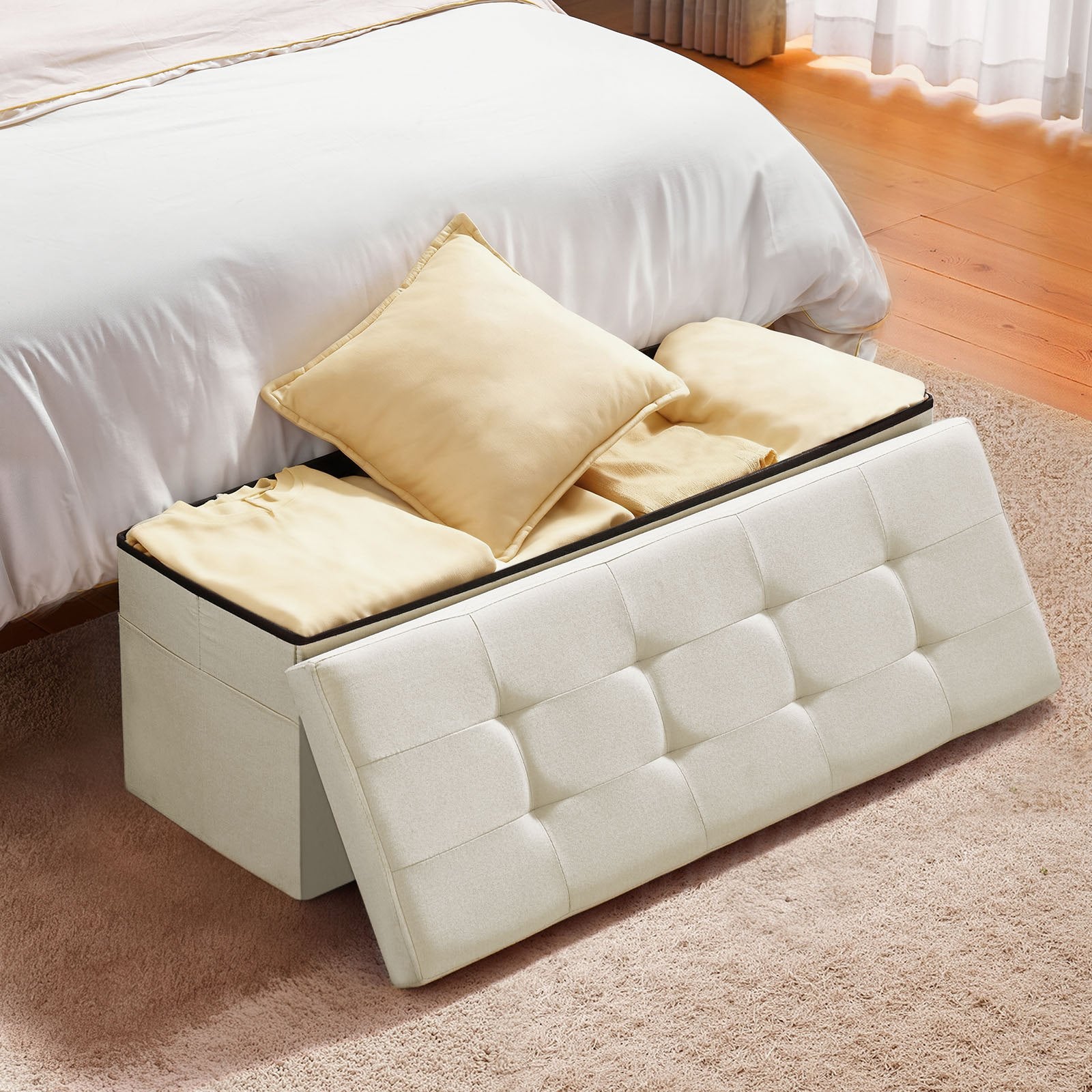 Foldable Storage Ottoman Bench, End of Bed Bench with Side Bags, Folding Upholstered Storage Chest Supports 660 lbs, Linen Bed Ottoman with Large Space for Living Room, Bedroom, Entryway, Beige