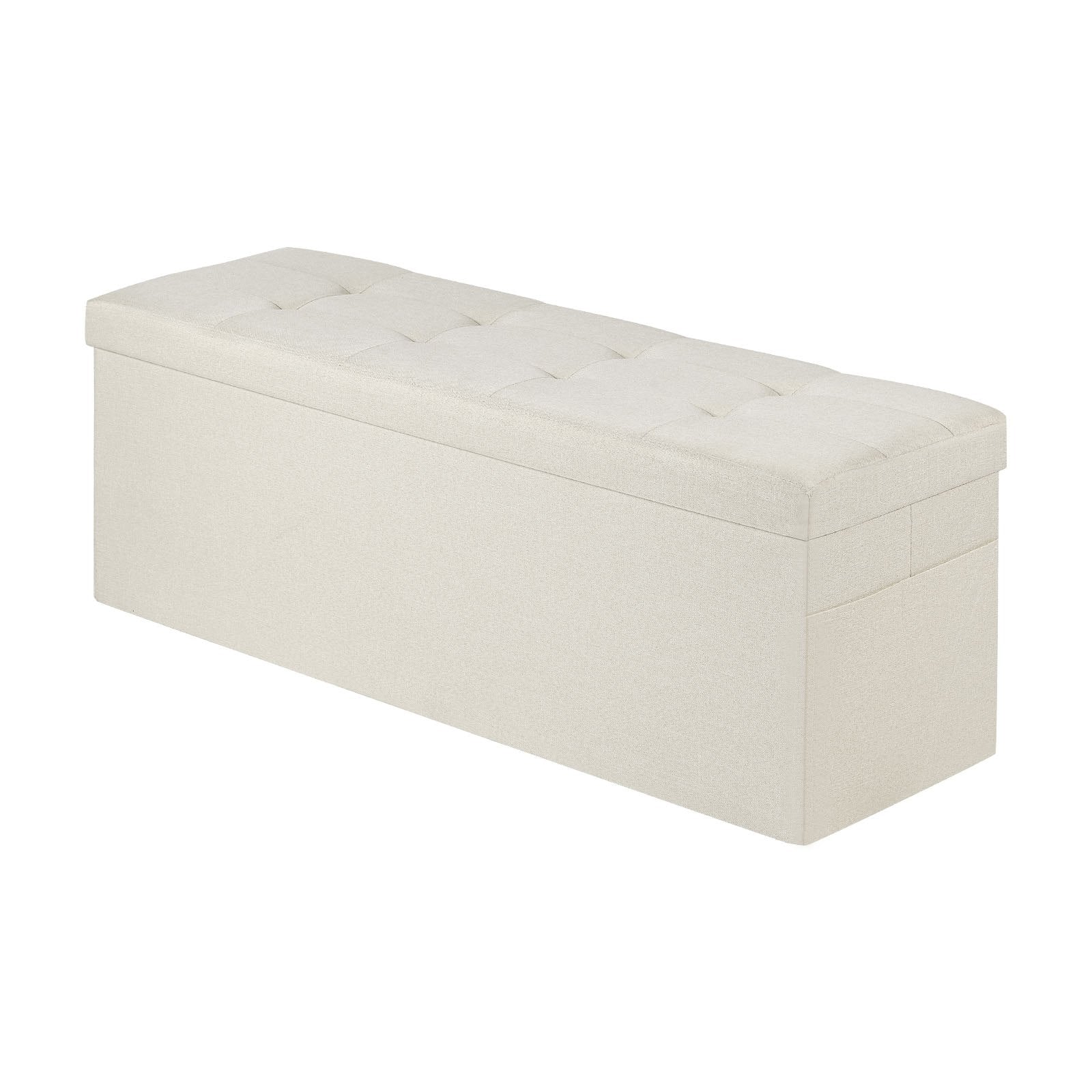Foldable Storage Ottoman Bench, End of Bed Bench with Side Bags, Folding Upholstered Storage Chest Supports 660 lbs, Linen Bed Ottoman with Large Space for Living Room, Bedroom, Entryway, Beige