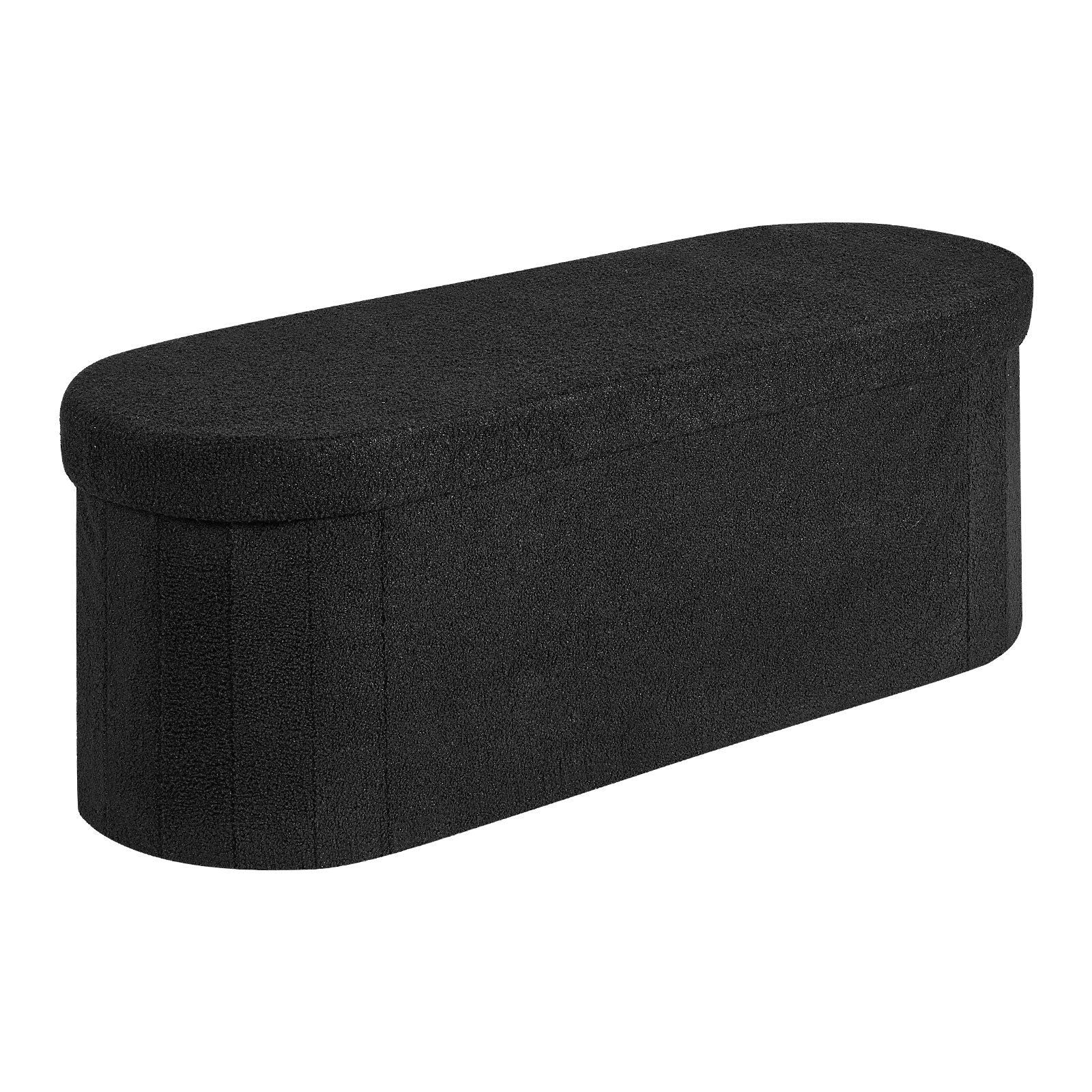 Oval Storage Ottoman Bench, Foldable Teddy Fleece End of Bed Bench, Folding Upholstered Bed Ottoman Chest with Large Storage Space, Supports 660 lbs, for Living Room, Bedroom, Entryway, Black