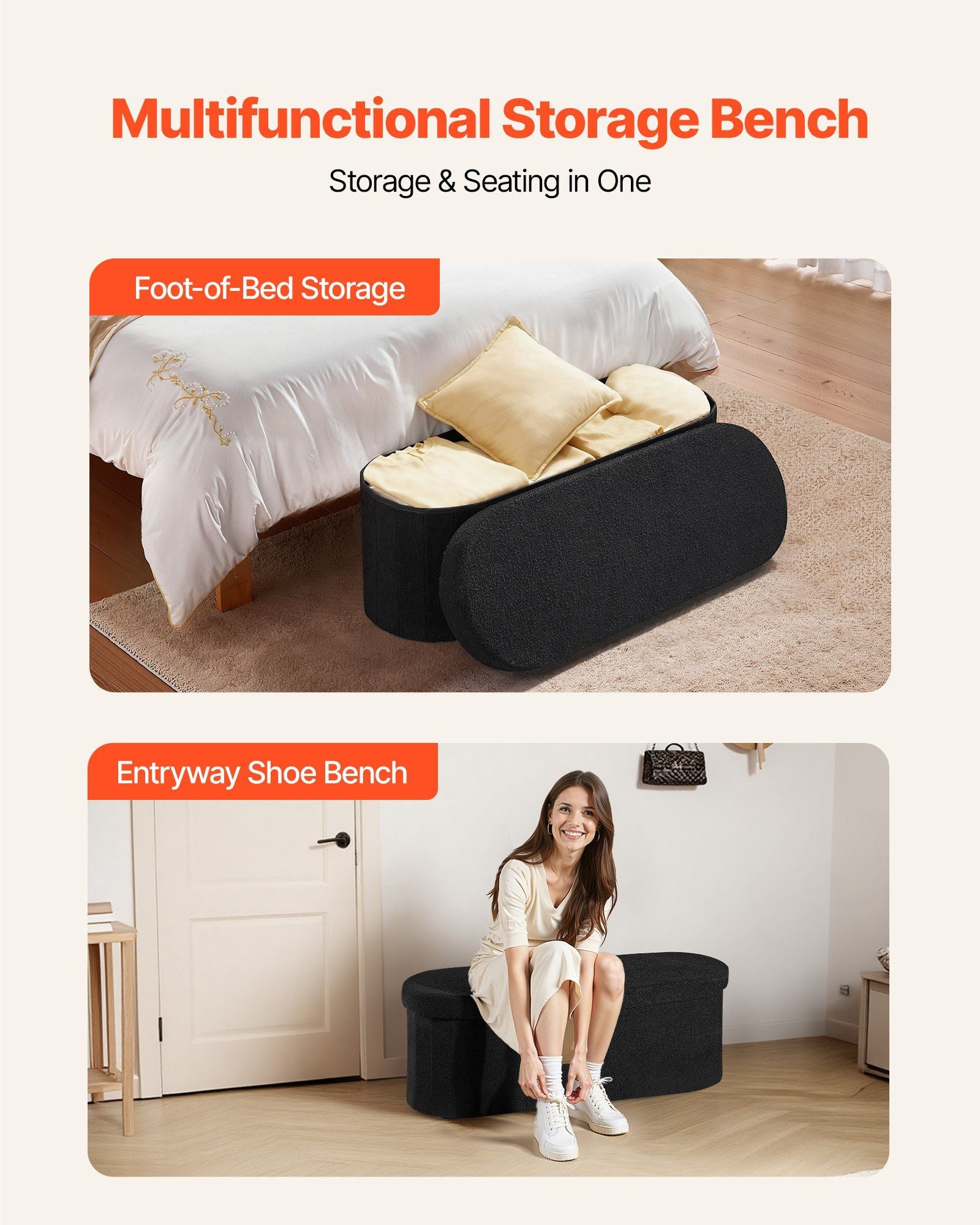 Oval Storage Ottoman Bench, Foldable Teddy Fleece End of Bed Bench, Folding Upholstered Bed Ottoman Chest with Large Storage Space, Supports 660 lbs, for Living Room, Bedroom, Entryway, Black