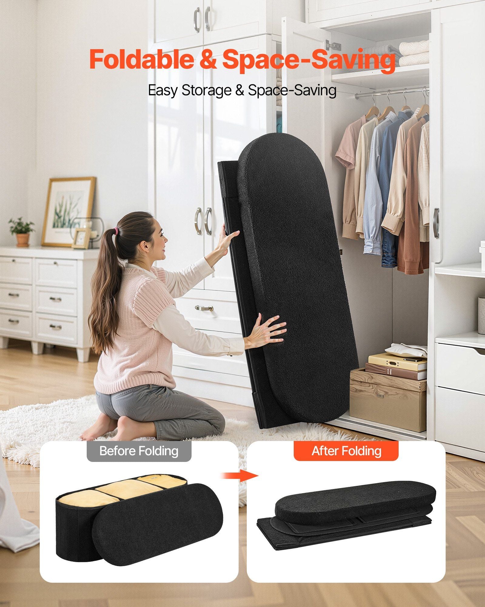 Oval Storage Ottoman Bench, Foldable Teddy Fleece End of Bed Bench, Folding Upholstered Bed Ottoman Chest with Large Storage Space, Supports 660 lbs, for Living Room, Bedroom, Entryway, Black