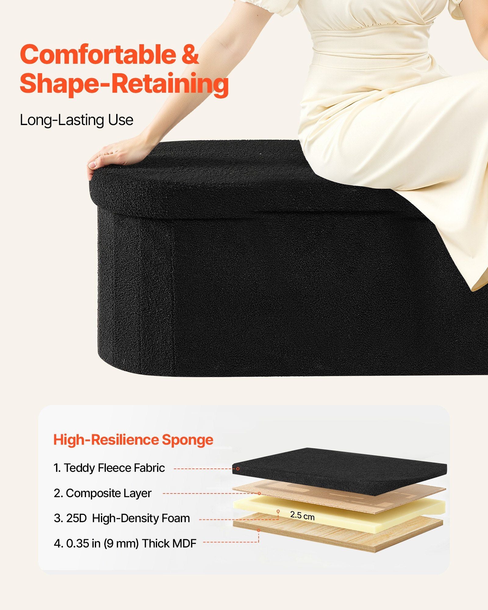 Oval Storage Ottoman Bench, Foldable Teddy Fleece End of Bed Bench, Folding Upholstered Bed Ottoman Chest with Large Storage Space, Supports 660 lbs, for Living Room, Bedroom, Entryway, Black