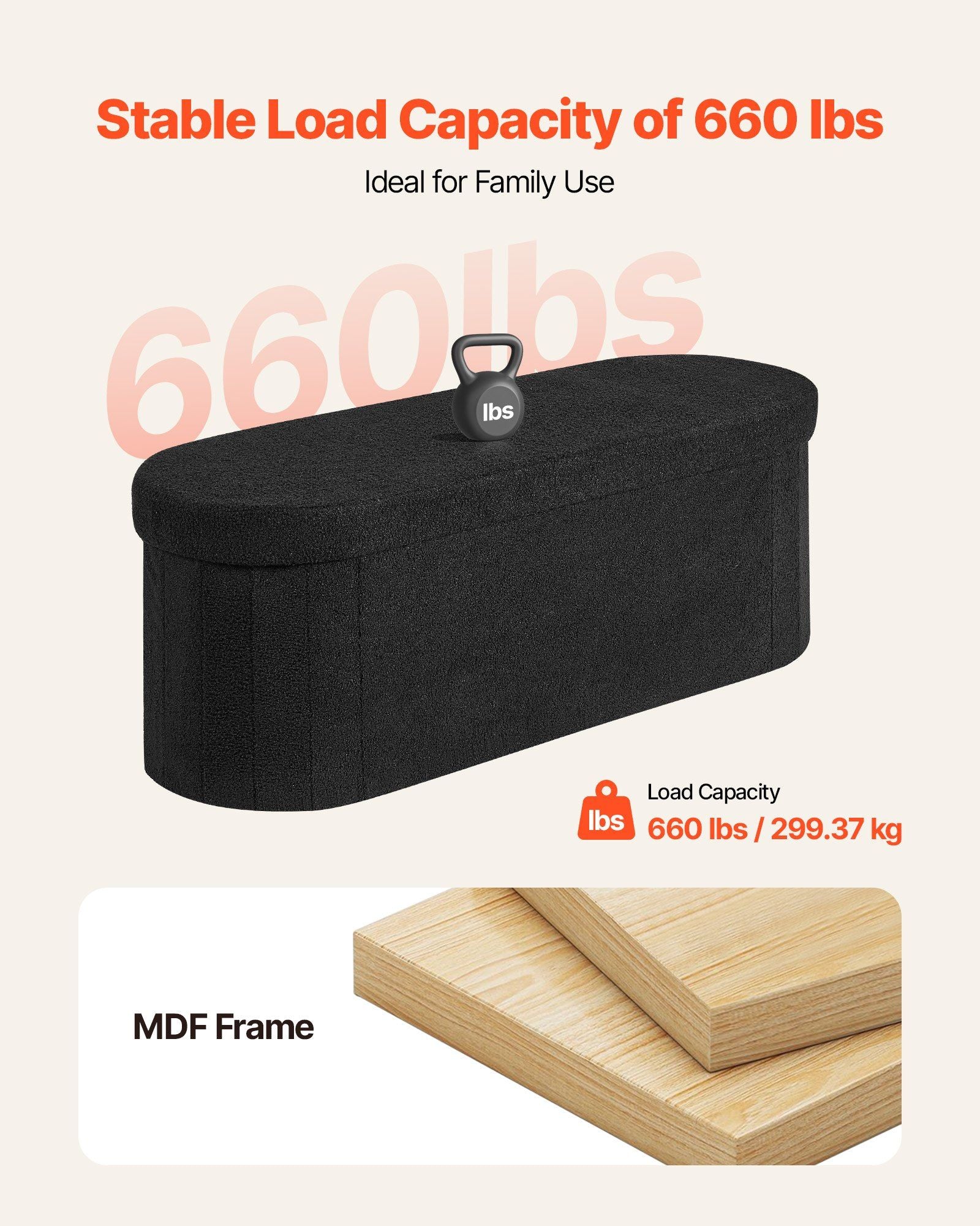 Oval Storage Ottoman Bench, Foldable Teddy Fleece End of Bed Bench, Folding Upholstered Bed Ottoman Chest with Large Storage Space, Supports 660 lbs, for Living Room, Bedroom, Entryway, Black