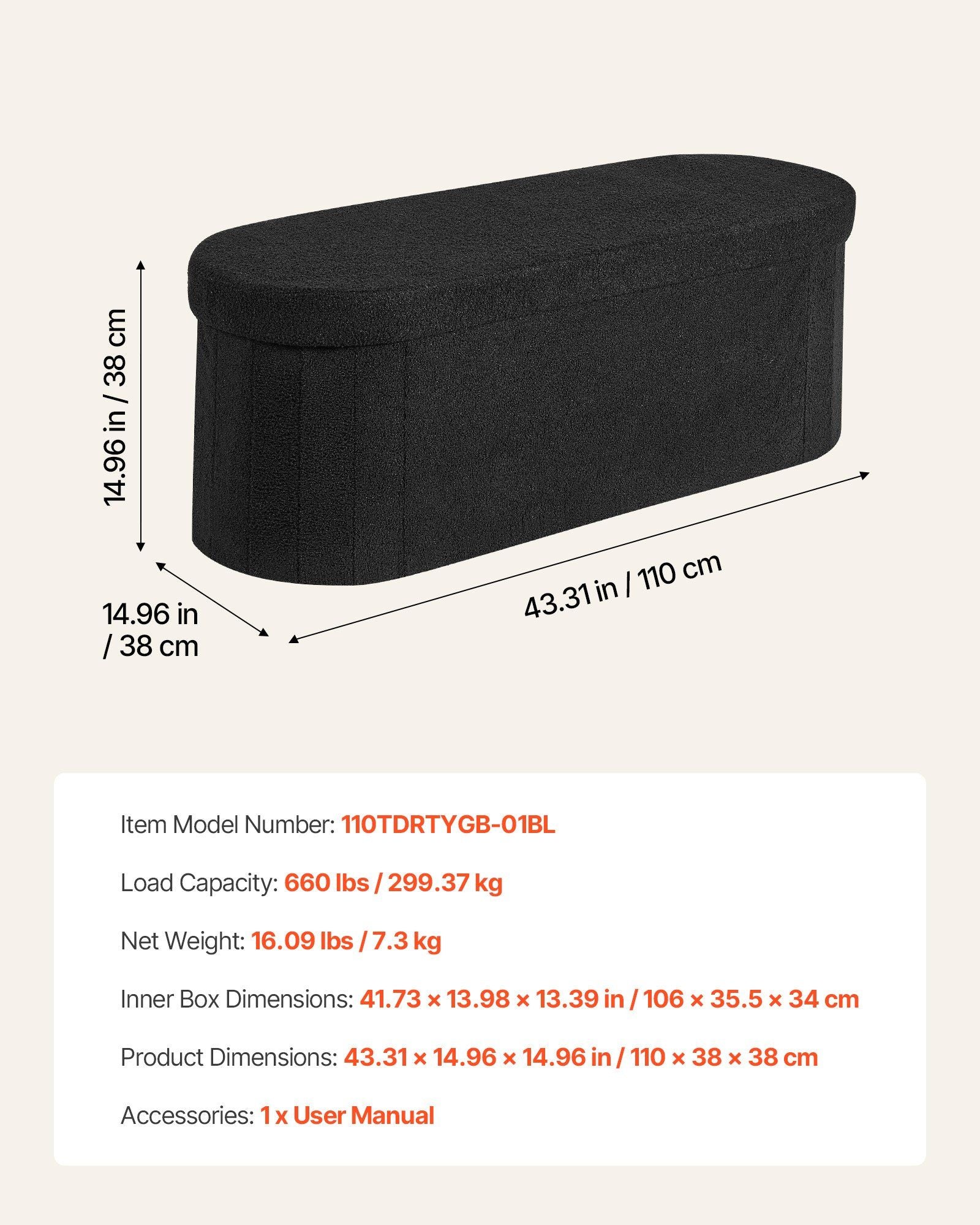 Oval Storage Ottoman Bench, Foldable Teddy Fleece End of Bed Bench, Folding Upholstered Bed Ottoman Chest with Large Storage Space, Supports 660 lbs, for Living Room, Bedroom, Entryway, Black