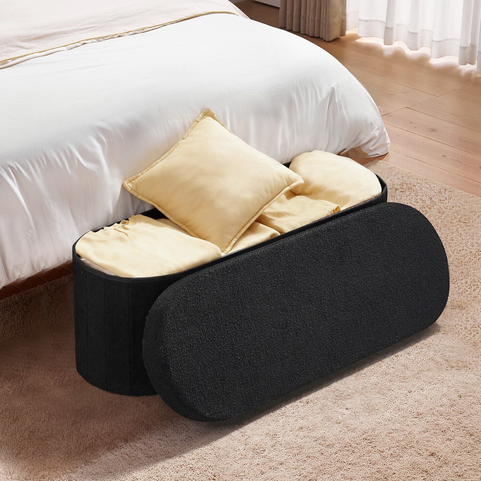 Oval Storage Ottoman Bench, Foldable Teddy Fleece End of Bed Bench, Folding Upholstered Bed Ottoman Chest with Large Storage Space, Supports 660 lbs, for Living Room, Bedroom, Entryway, Black